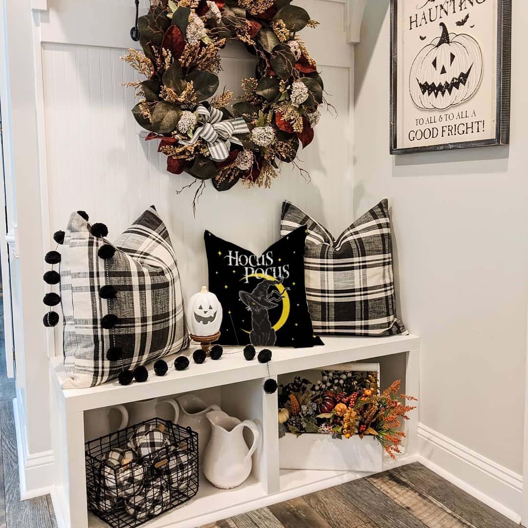 Fundas de almohada de Hocus Pocus, diseño de gato negro de Halloween, 18 x 18 pulgadas, sombrero de bruja espeluznante de luna, funda de almohada