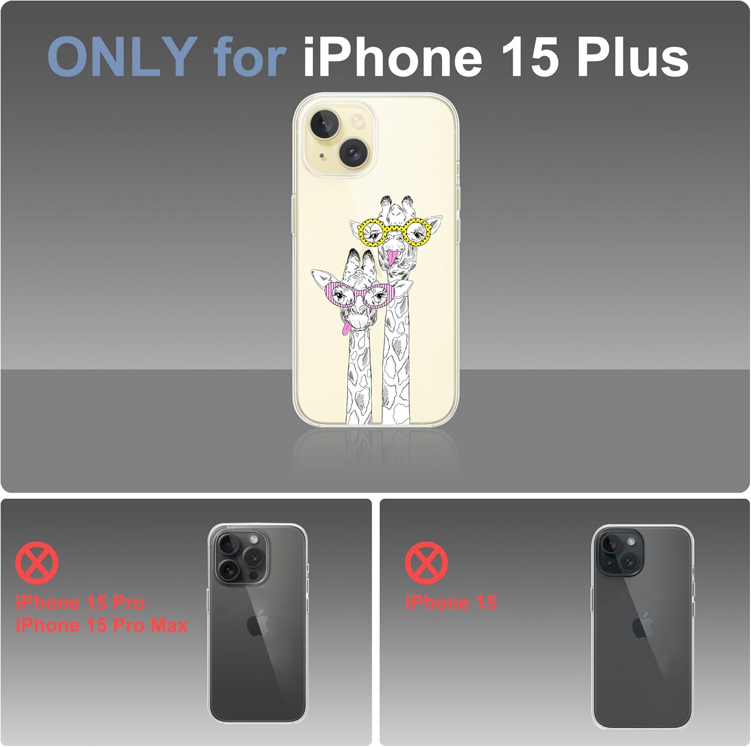 Funda transparente de jirafa con gafas diseñada para iPhone 15 Plus, TPU suave a prueba de golpes, funda protectora transparente para mujeres y