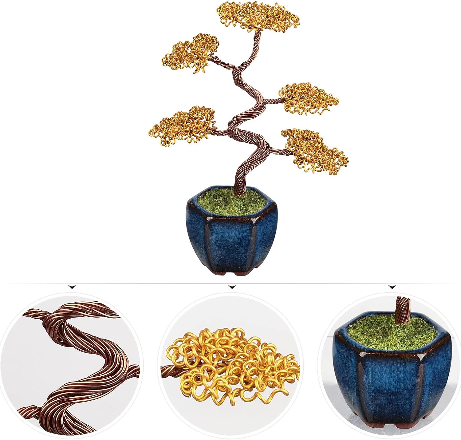 Figura de árbol de dinero de alambre de aluminio envuelta a mano con base de cerámica, árbol artificial amarillo Fengshui bonsái adorno de