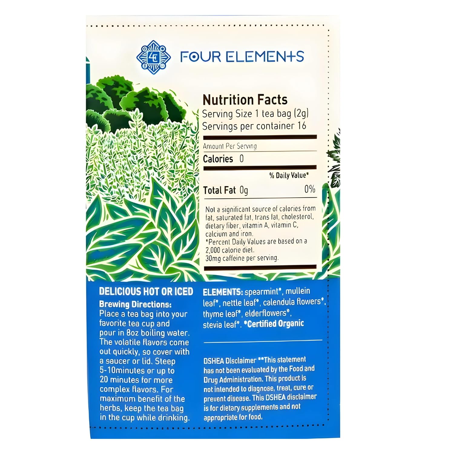 Four Elements 4E Minus Sinus Tea – Té de hierbas orgánicas, mezclado deliciosamente con menta verde, gordolobo y tomillo -16 bolsitas de té, 1.2 oz