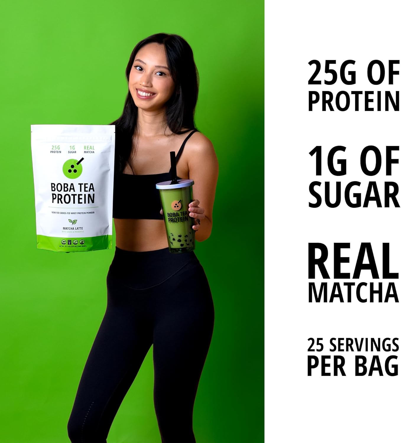 Boba Tea Protein Matcha Latte  25g Grass-Fed Whey Protein Isolate Powder  Gluten-Free & Soy-Free Bubble Tea Protein Drink  Real Ingredients &