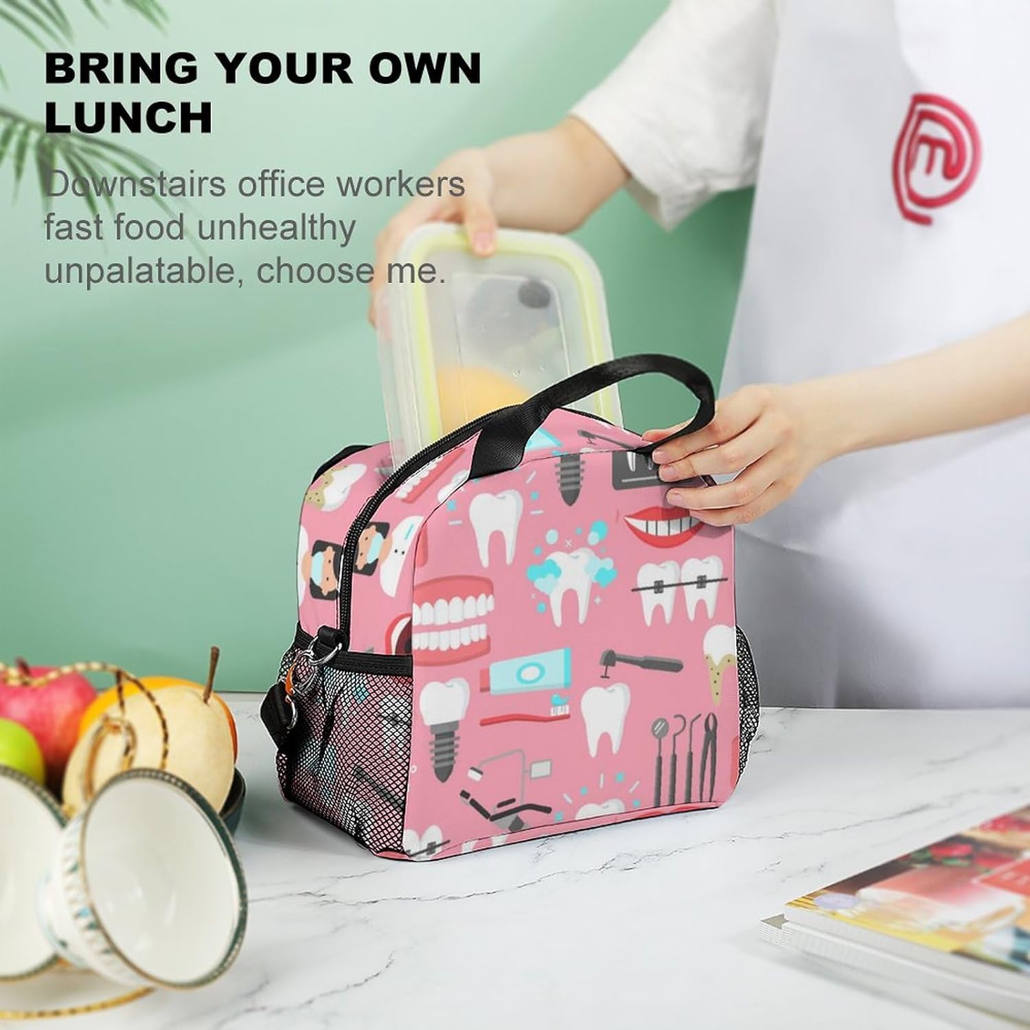 Lonchera aislada, bolsa de almuerzo pequeña con soporte para botella de agua, correa de hombro ajustable y extraíble, diseño dental sin costuras,