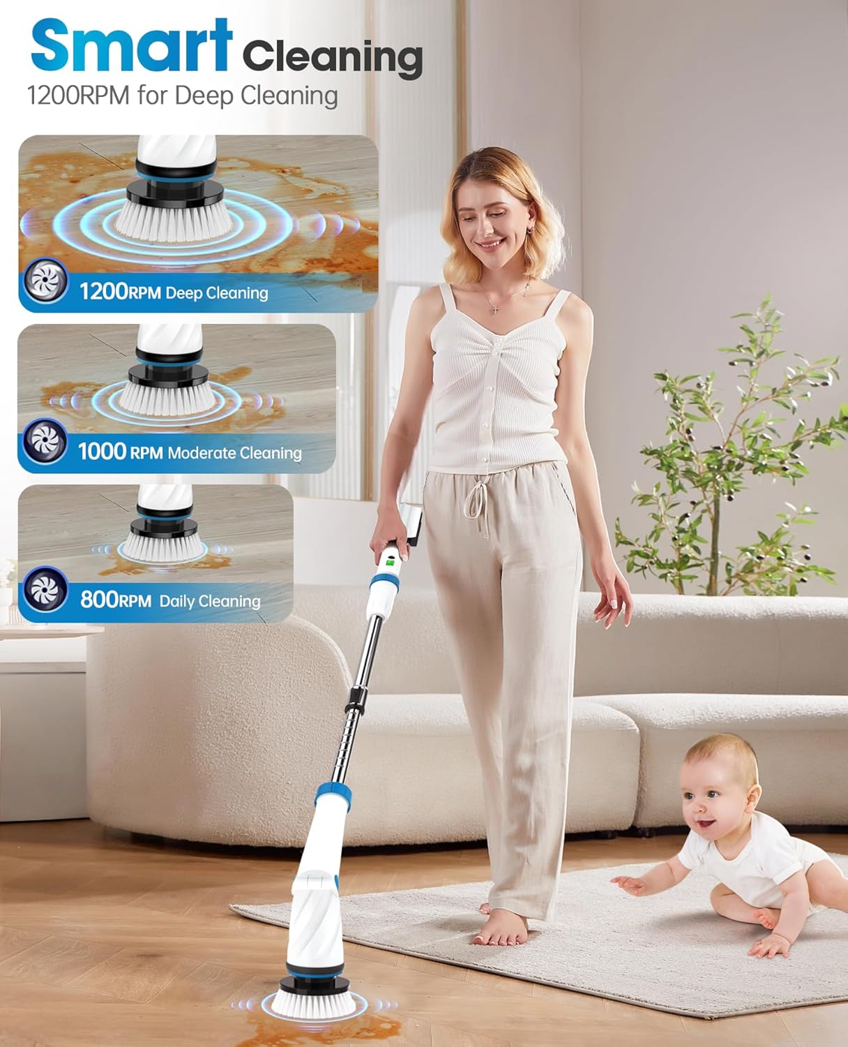 Limpiador eléctrico giratorio, limpiador eléctrico para limpieza, limpiador de ducha de 1200 RPM, cepillo de limpieza eléctrico de mango largo de 50