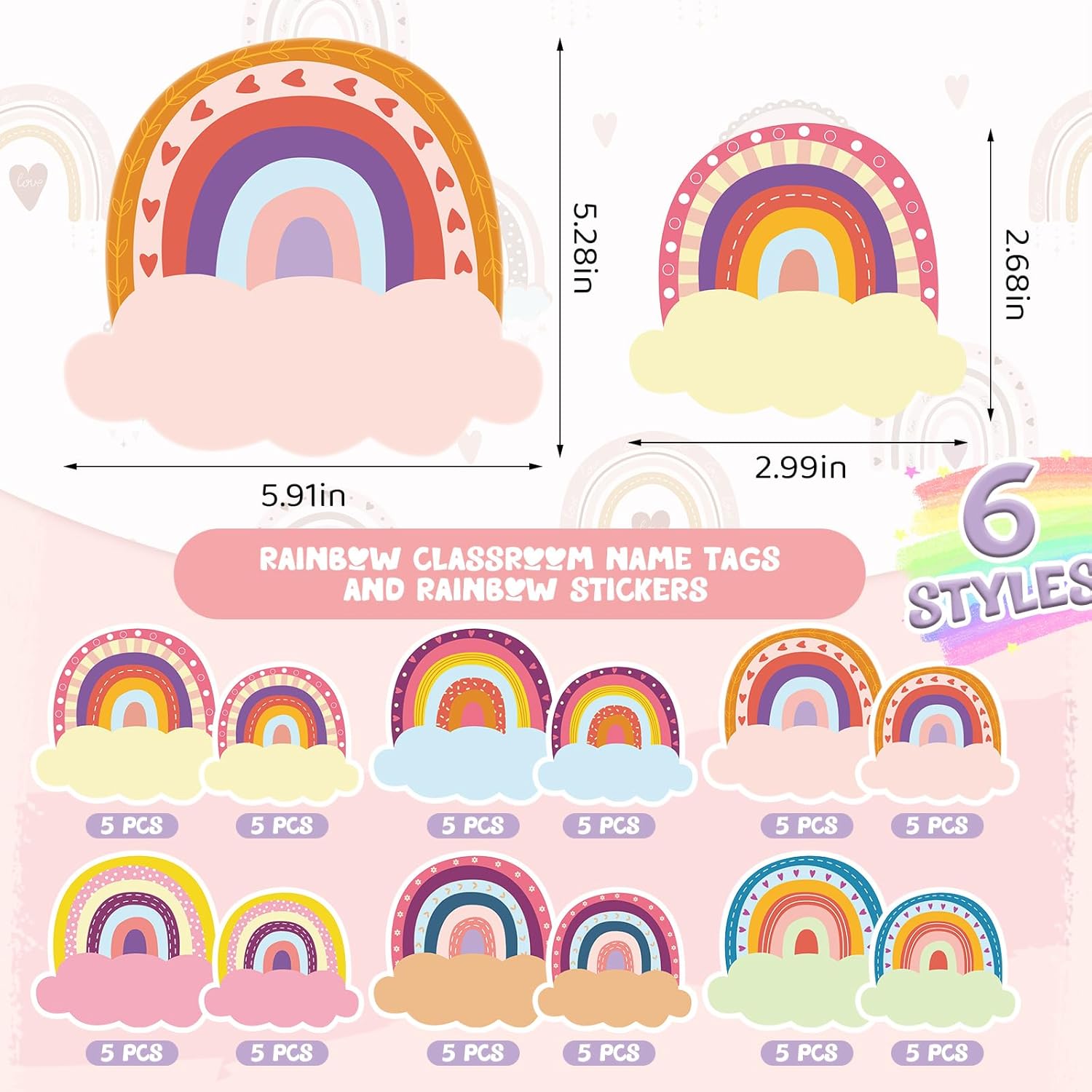 Gueevin 60 unidades de placas de nombre de arcoíris para el aula, etiquetas de nombre de arco iris, calcomanías de arco iris, calcomanías