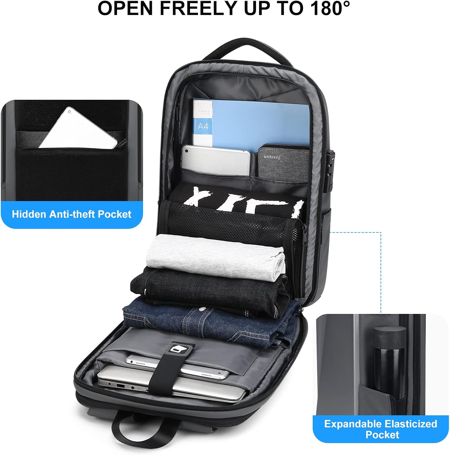 FENRUIEN Mochila antirrobo de carcasa dura de 15.6 pulgadas, mochila expandible delgada para laptop de viaje de negocios para hombres, bolsa gris