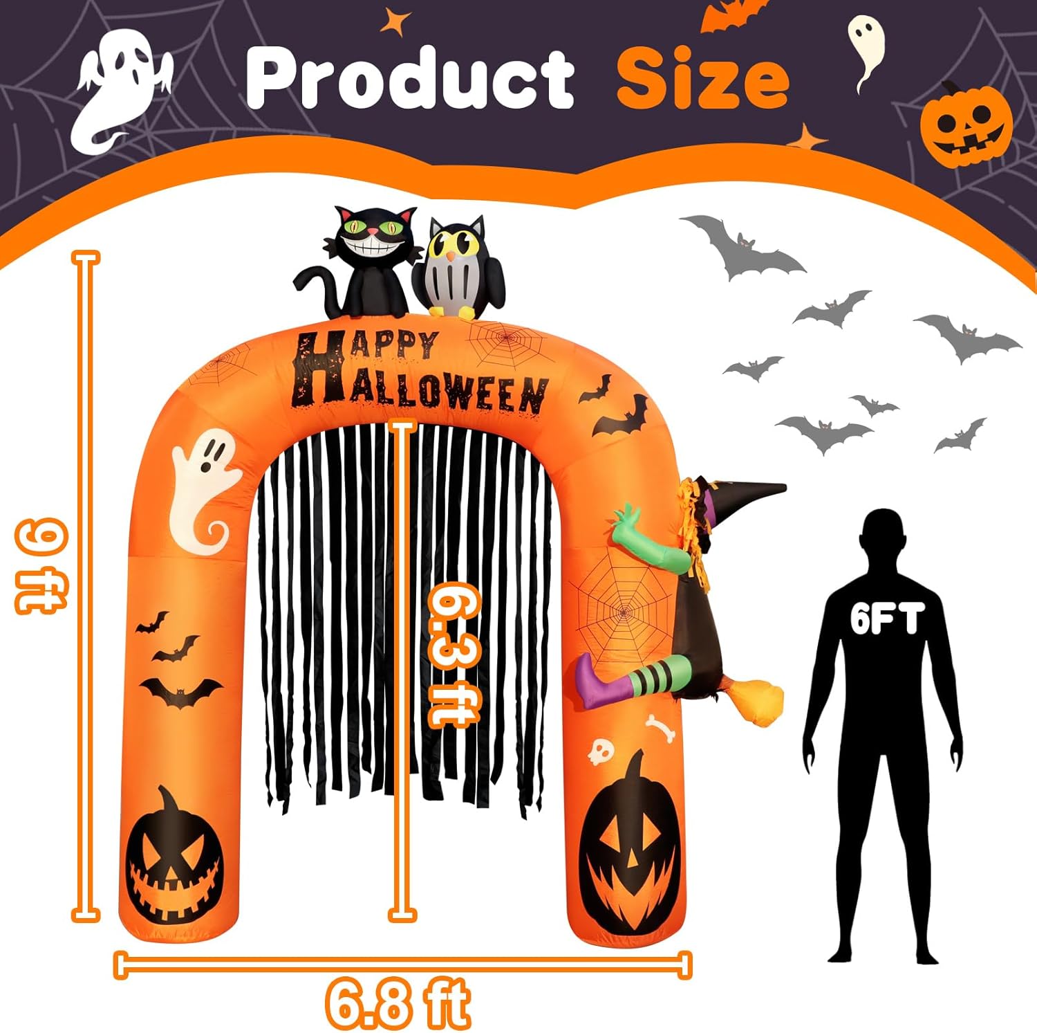 Decoración inflable de arco inflable de Halloween de 9 pies de alto, decoración iluminada de Halloween con gato, búho y bruja en arco, arco inflable