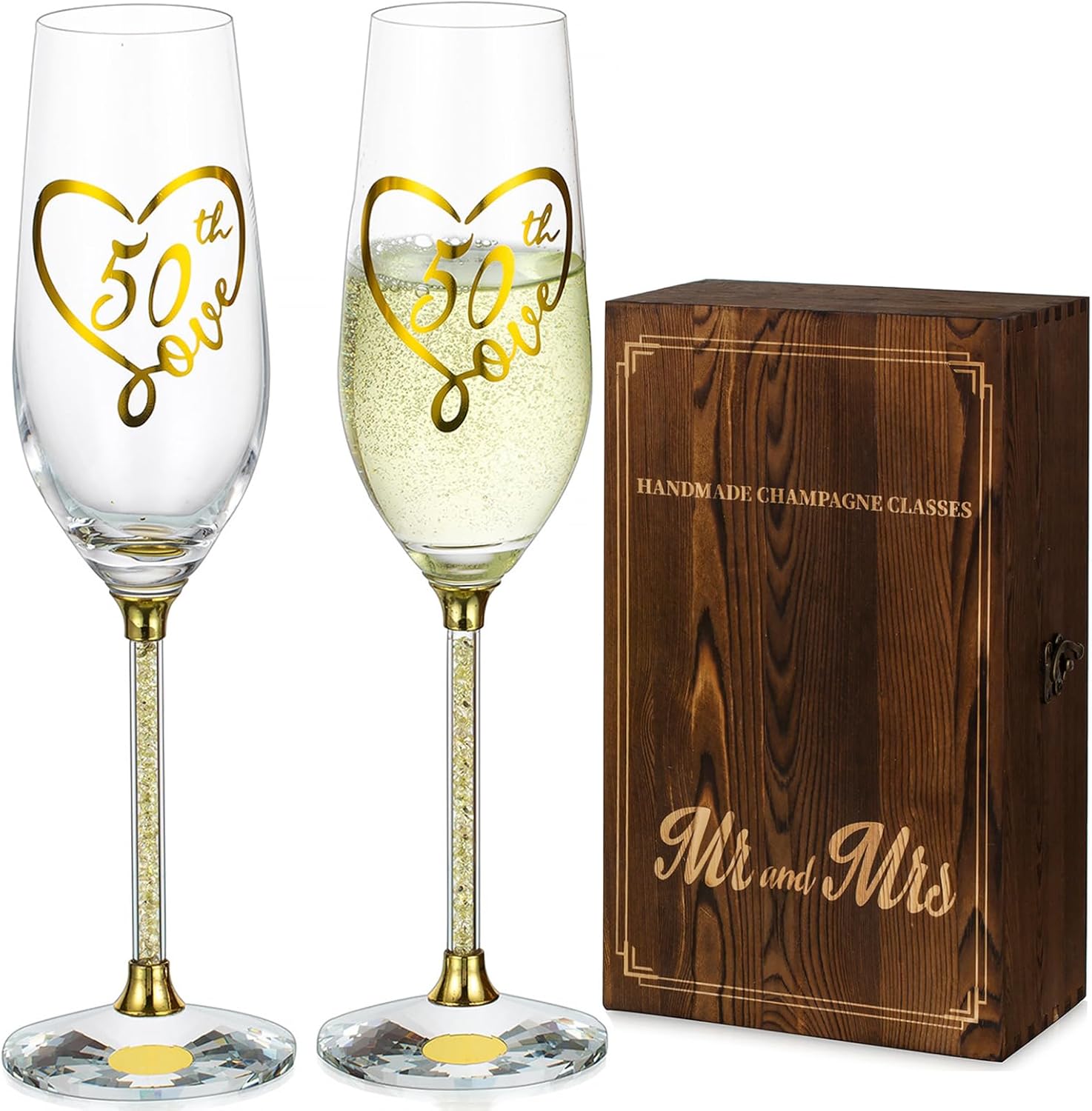 NUPTIO Copas de champán del 50 aniversario juego de 2 copas de brindis de cristal dorado con caja de regalo de madera, copa de vino grabada para