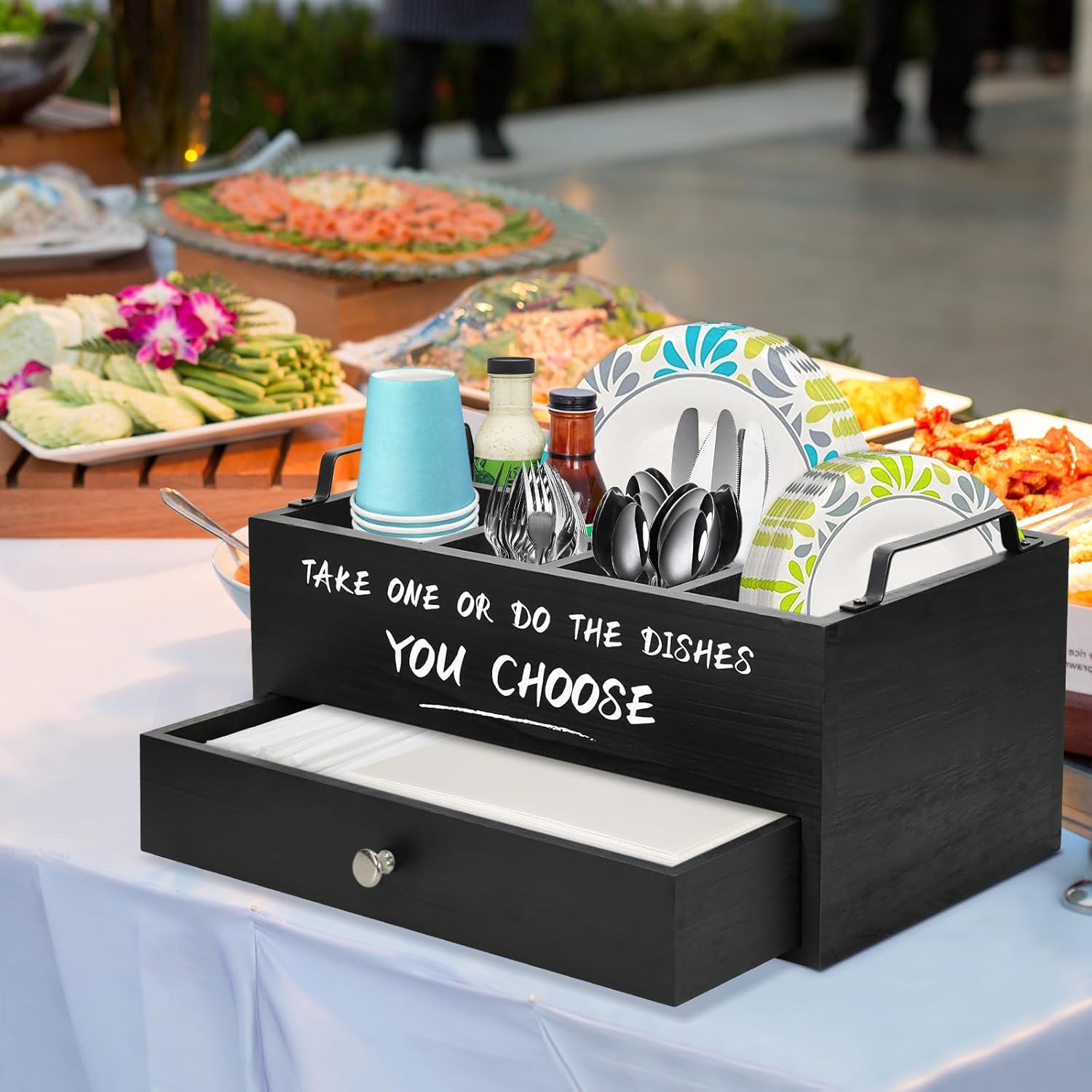 Dispensador de platos de papel con cajón para encimera de cocina, soporte de platos de papel de madera con soporte grande para tazas, soporte de