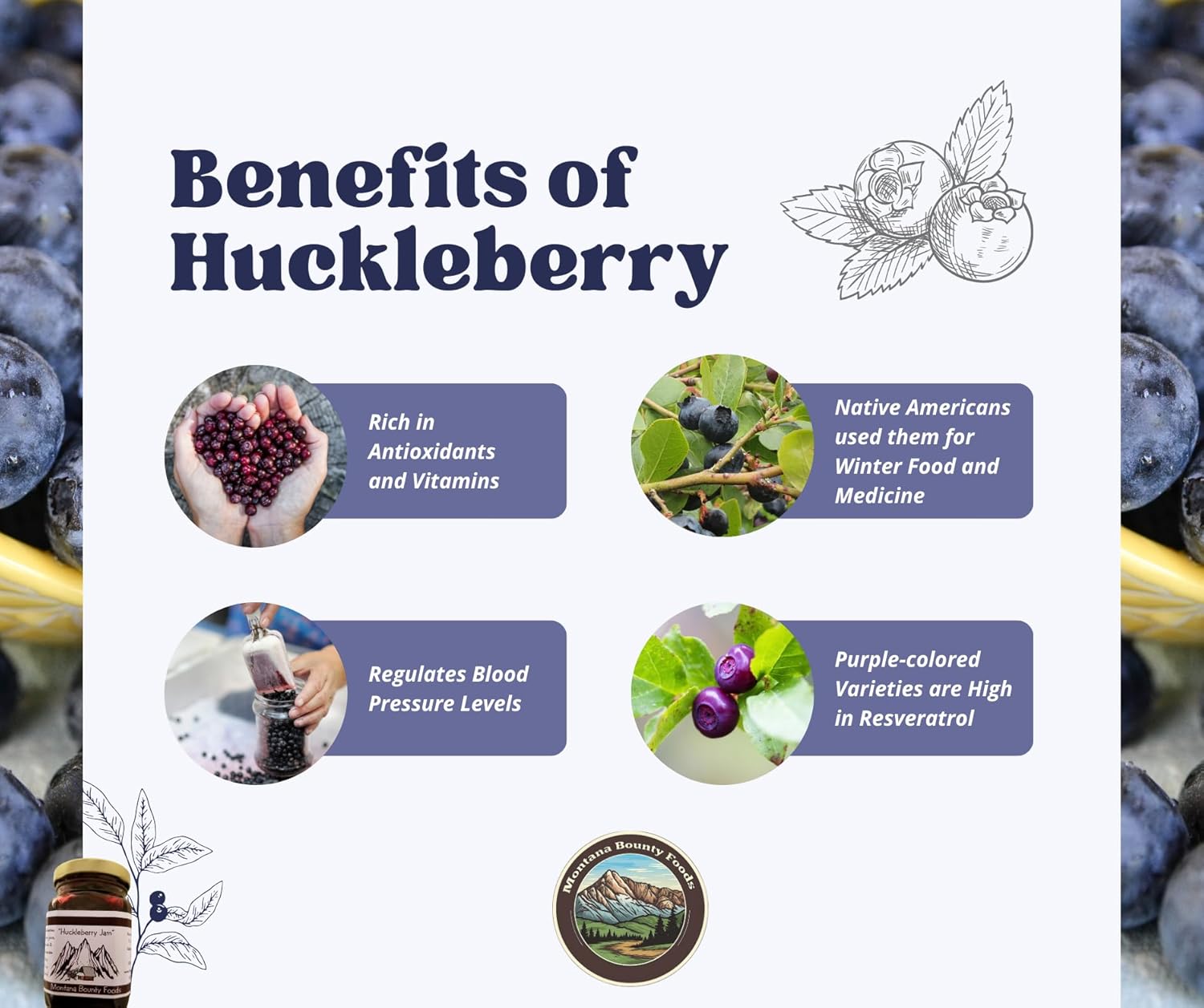 Bounty Foods Huckleberry Jam – Fruta silvestre recogida a mano de 9 onzas cultivada en bayas de Montana  desayuno, postres, coberturas, rellenos de