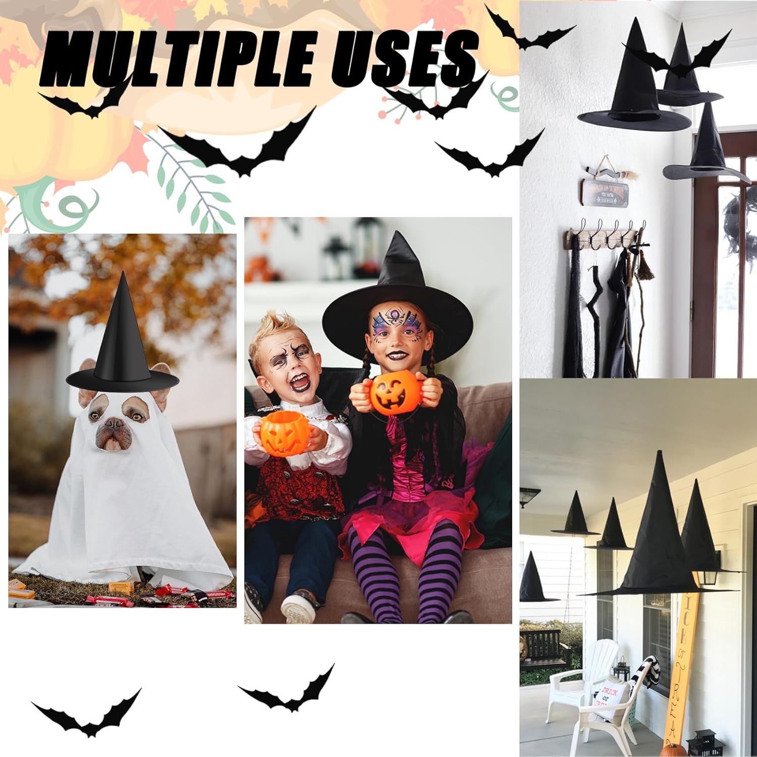 taupphoo 24 sombreros de bruja negros de Halloween, sombreros de bruja flotantes iluminados con control remoto, luces de té, murciélagos 3D,