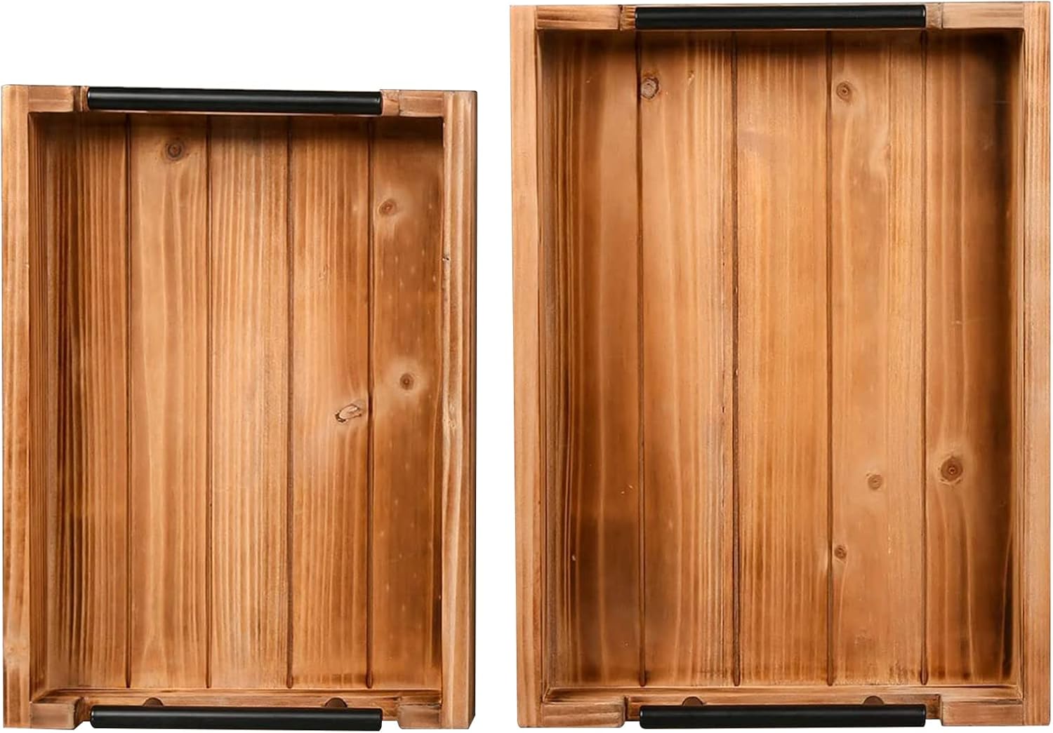 Juego de 2 bandejas decorativas de madera vintage anidadas con mango de metal para comer, desayuno, cocina, bandejas otomanas, mesa de centro y