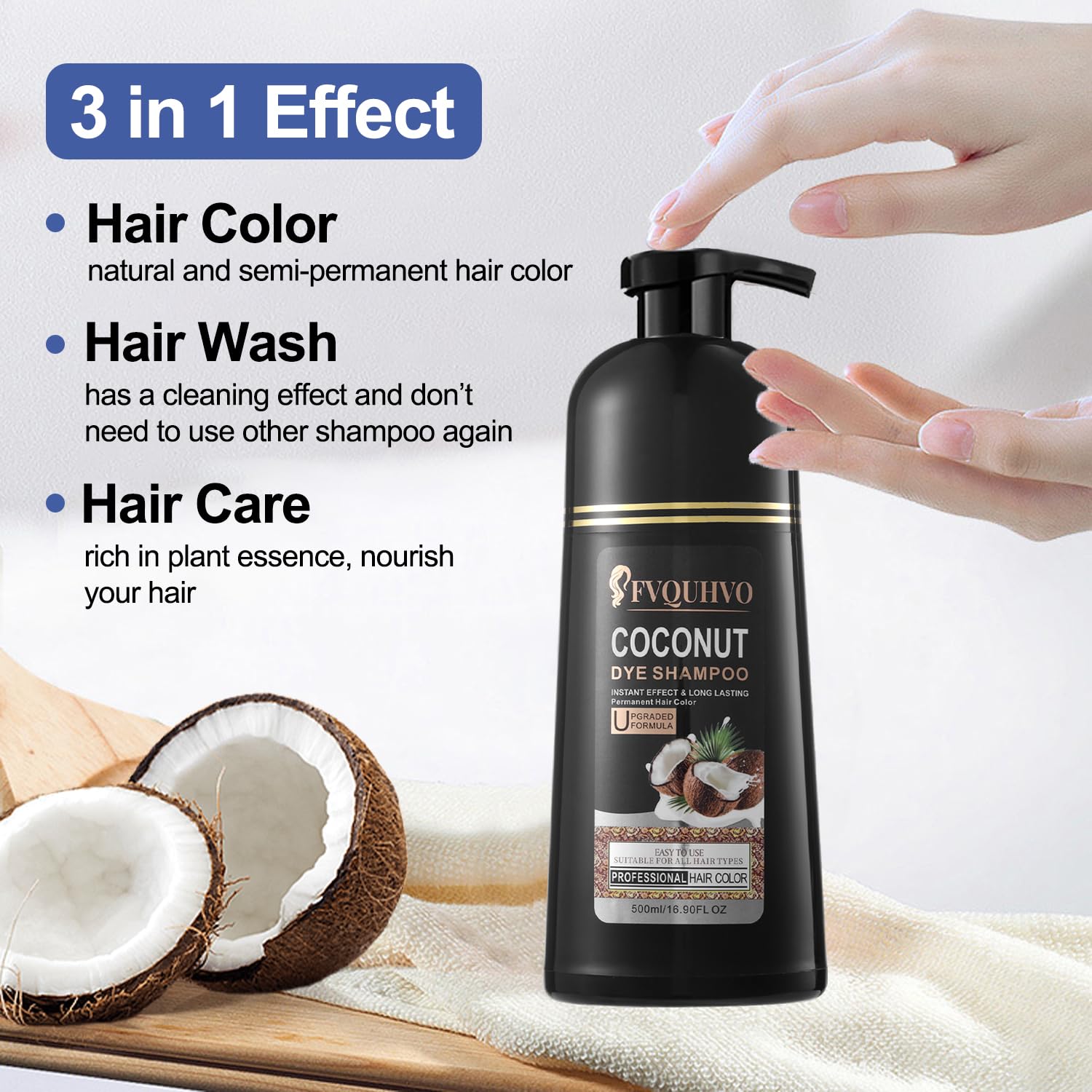 Champú de tinte para el cabello 3 en 1, tinte para el cabello con aceite de coco, champú de color para el cabello para mujeres y hombres, champú