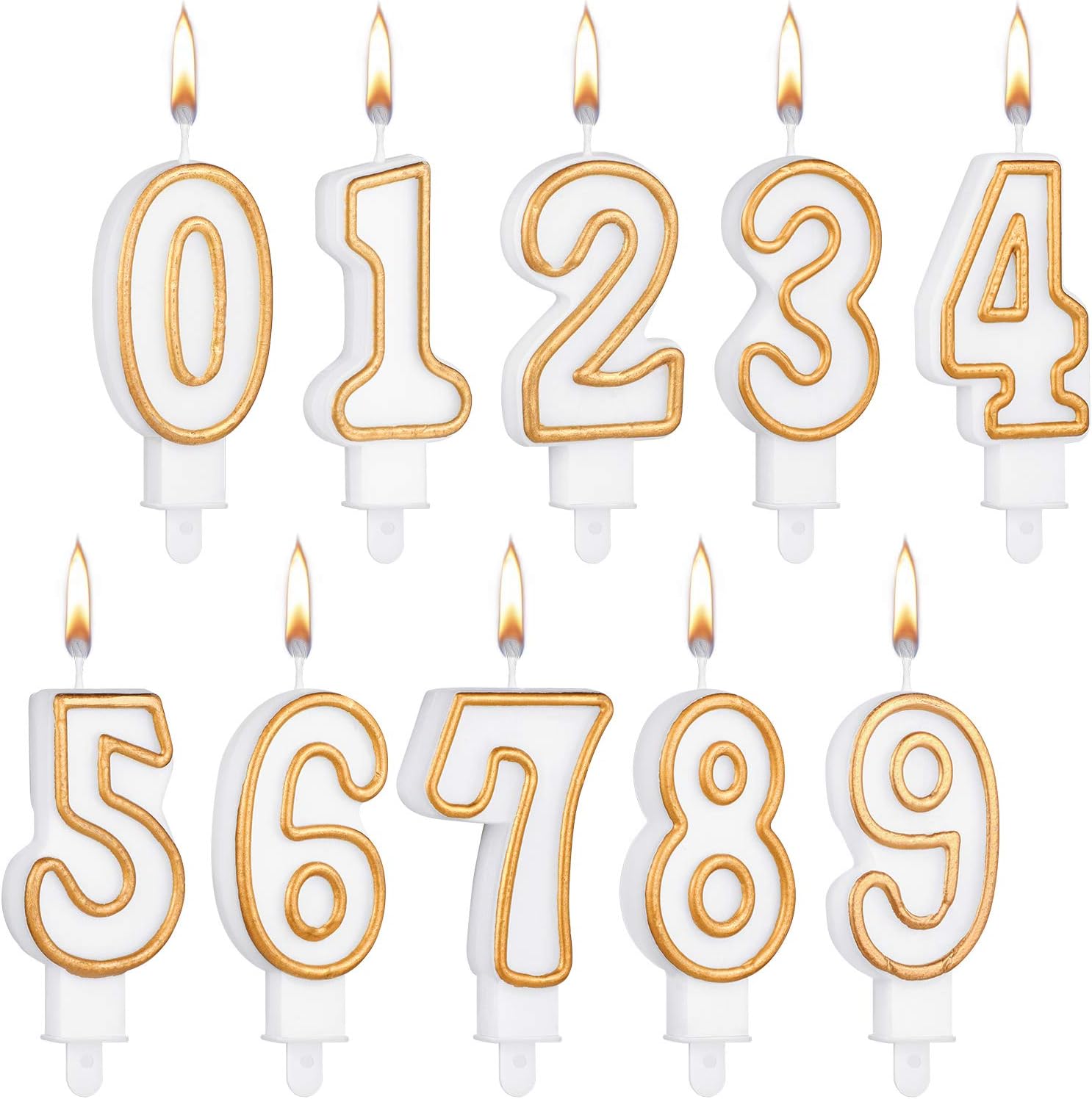 10 velas con números de pastel de cumpleaños, números del 0 al 9, velas blancas con bordes dorados, decoración de velas para decoración de bodas,