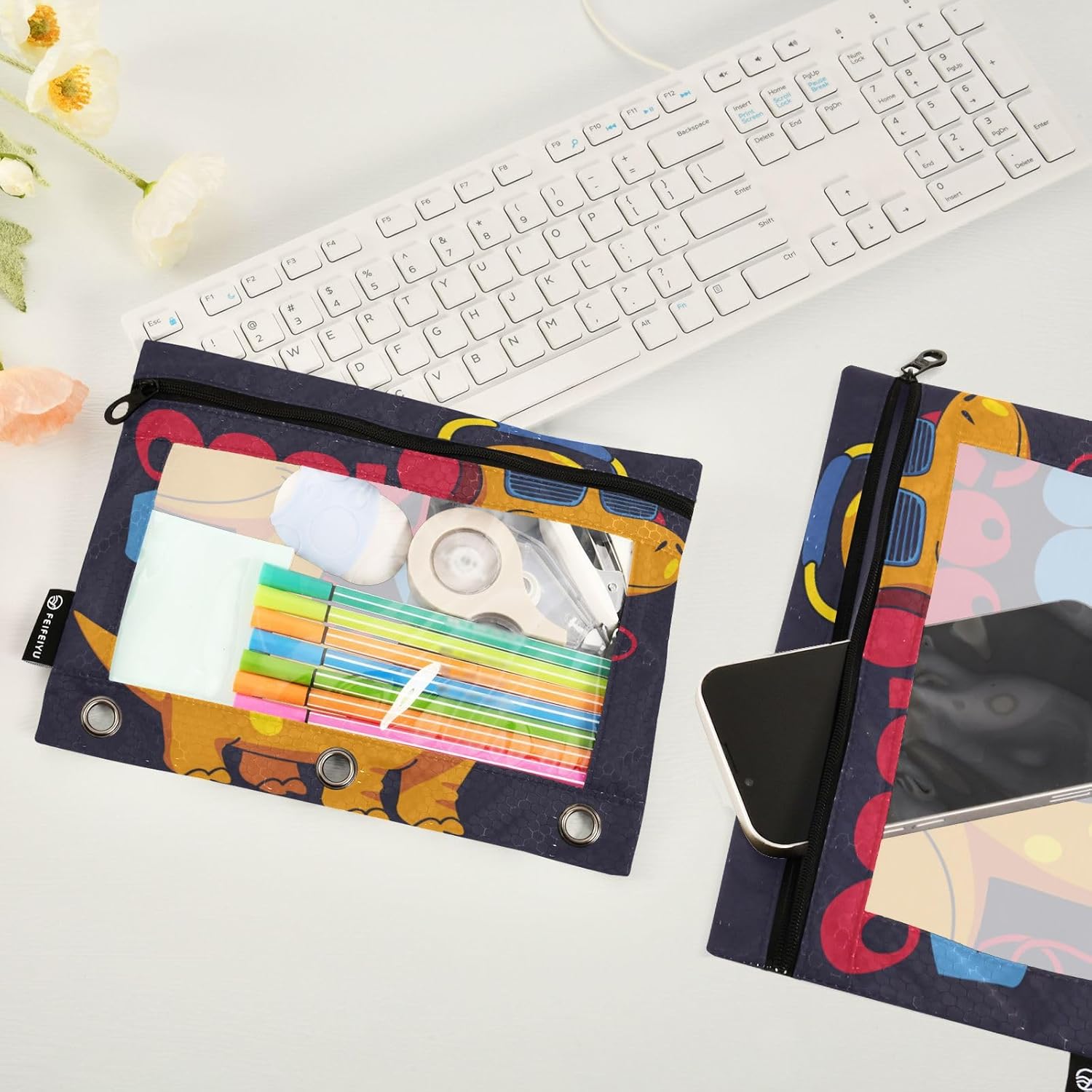 Gredecor Estuche para lápices con 3 anillos, con cremallera de dinosaurio, paquete de 2 unidades, organizador transparente para la escuela y la