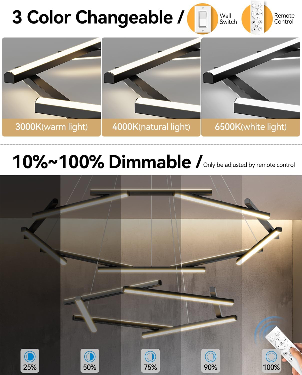 JFHTNFJ Candelabro LED moderno de 38.2 pulgadas, lámpara de araña regulable de 2 anillos con control remoto, 16 luces colgantes para cocina, isla,