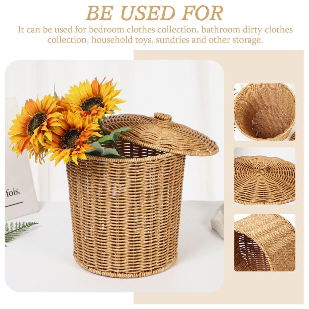 Cabilock Cesta de basura redonda de ratán con tapa, papelera tejida, papelera, contenedor de basura, contenedores de flores, macetas, cestas de