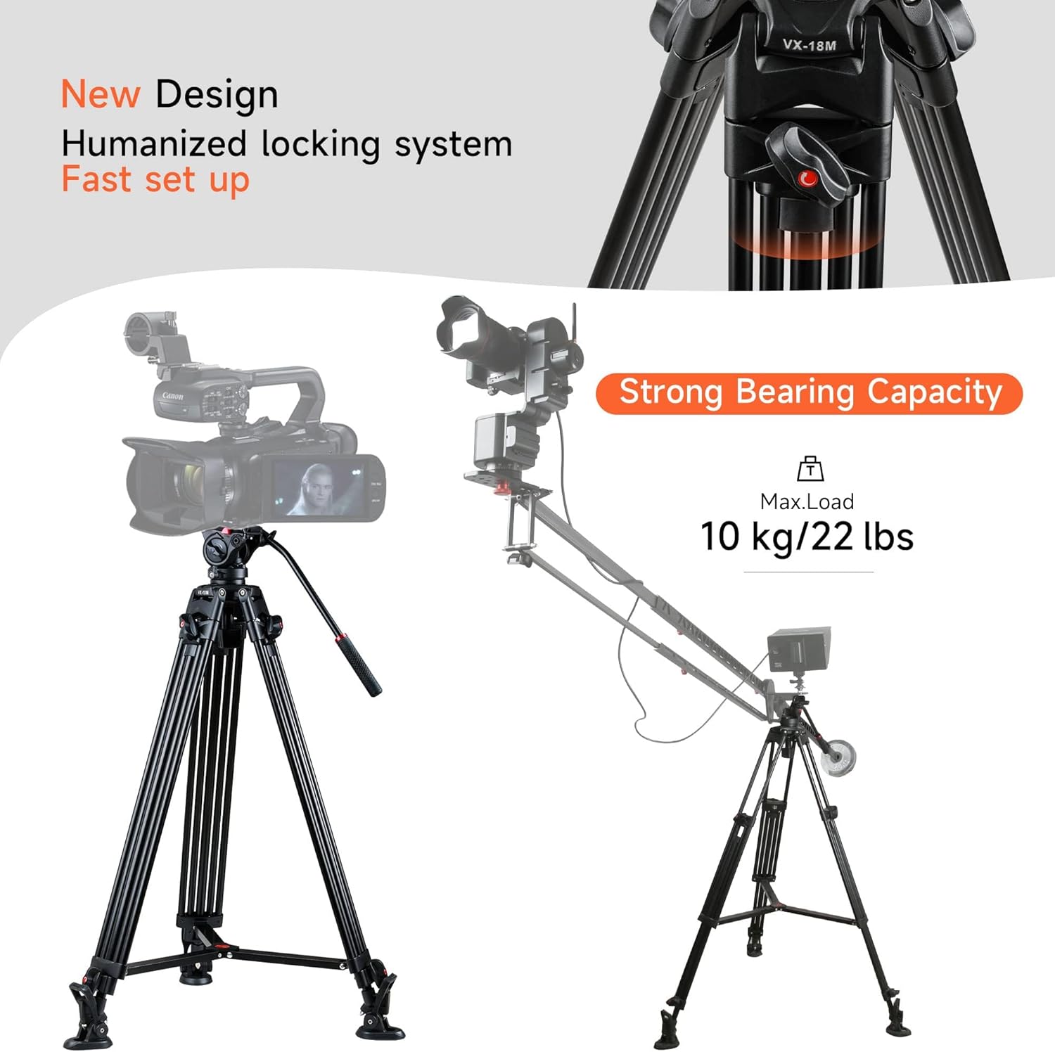 VILTROX Trípode de cámara de video profesional de 74 pulgadas74.0 in con cabezal de arrastre fluido y placa QR, tubo doble de aluminio, para Canon