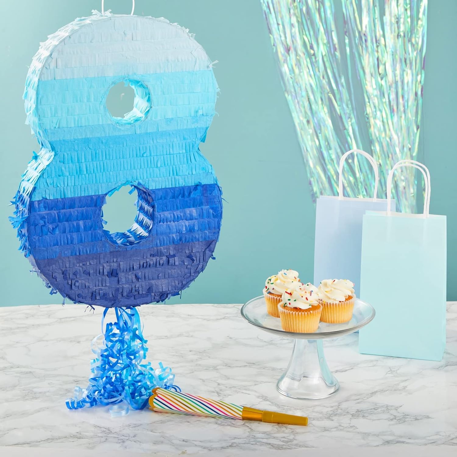 BLUE PANDA Piñata número 8, piñata de cuerda para decoración de fiesta de cumpleaños número 8, color azul degradado (16.5 x 11.5 x 3 pulgadas)