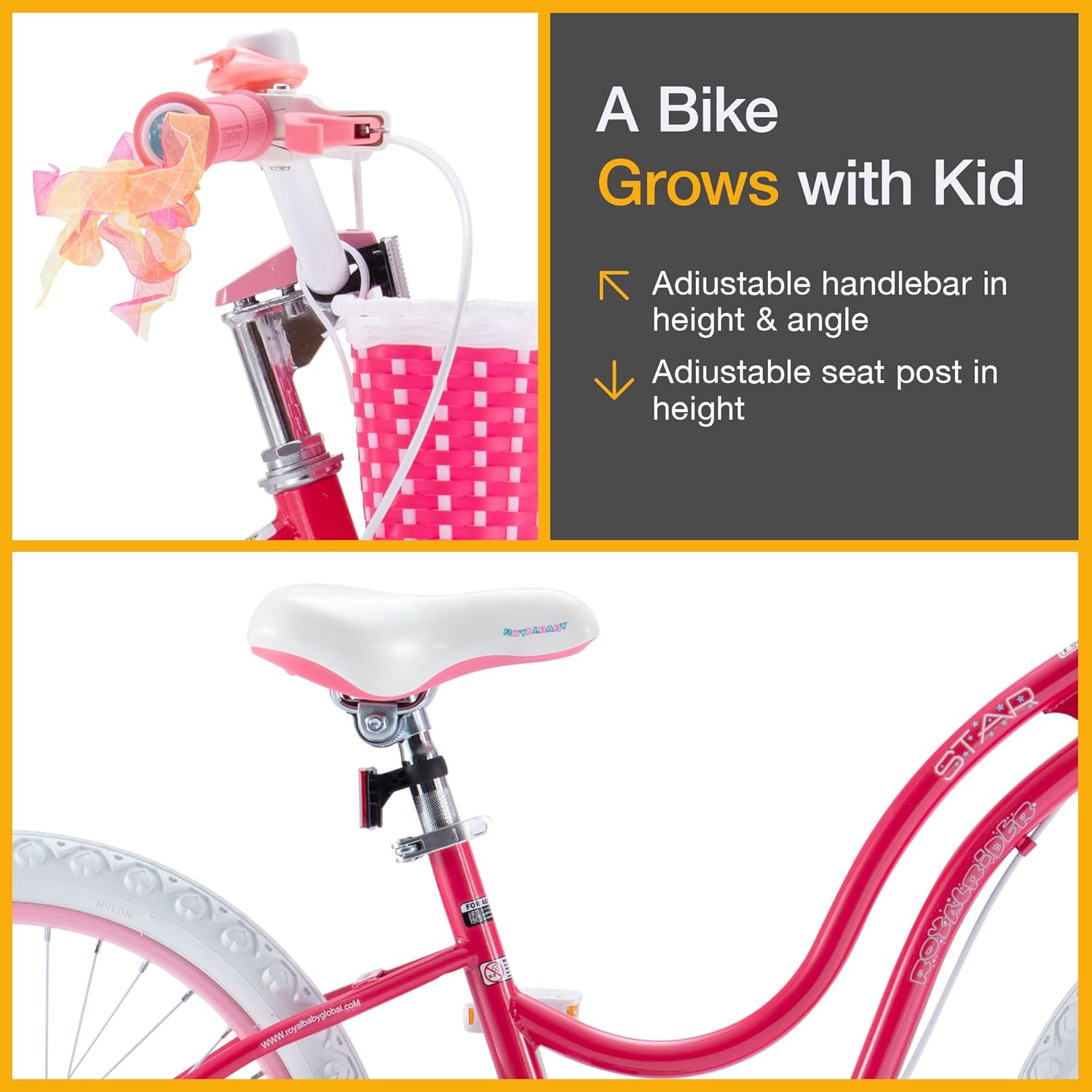 Royalbaby Stargirl – Bicicleta infantil para niñas de 12, 14, 16, 18, 20 pulgadas, con cesta para edades de 3 a 12 años