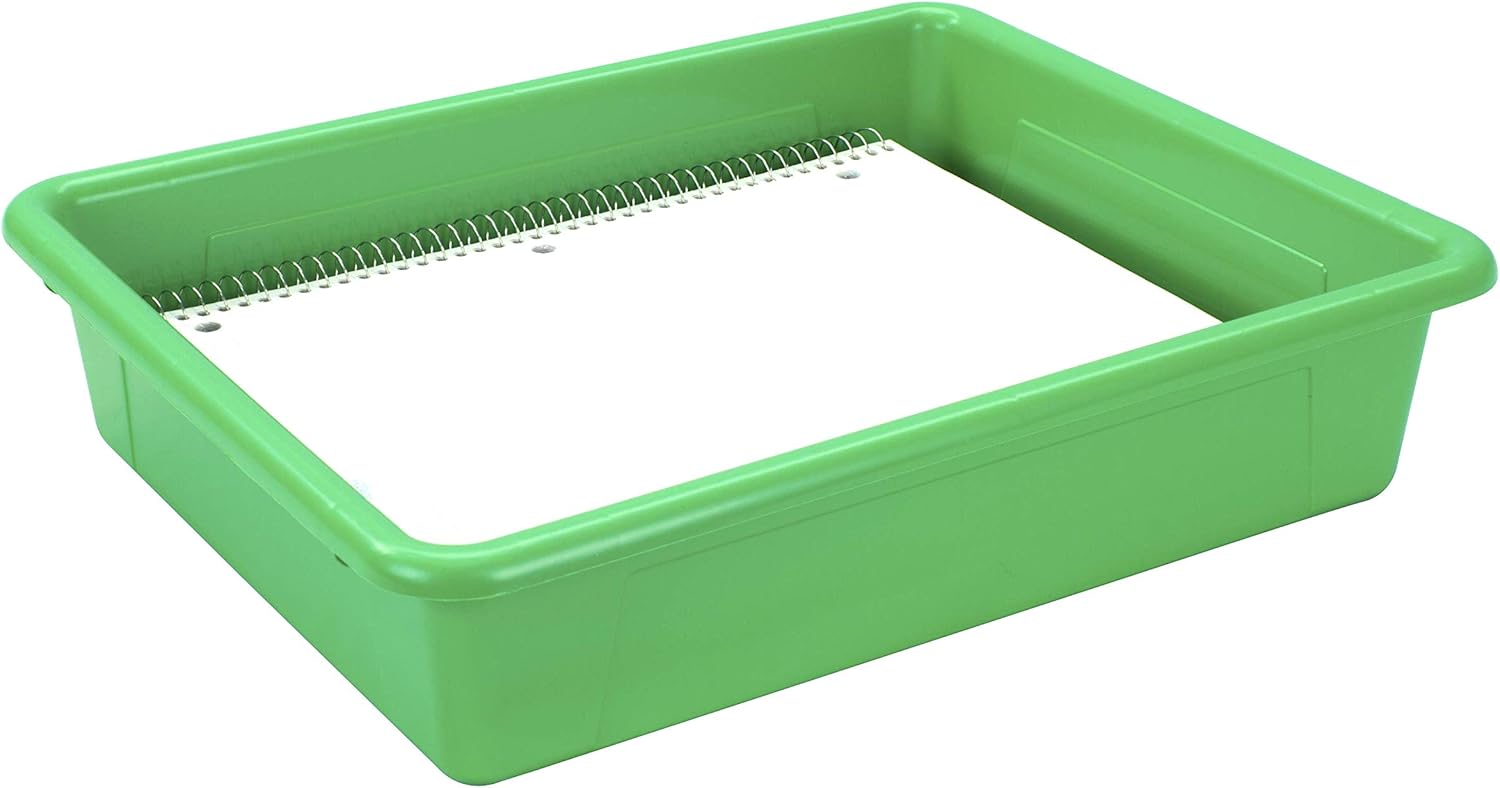 Storex Bandeja de almacenamiento plana tamaño carta, contenedor organizador con tapa sin broches para aula, oficina y hogar, verde, paquete de 5