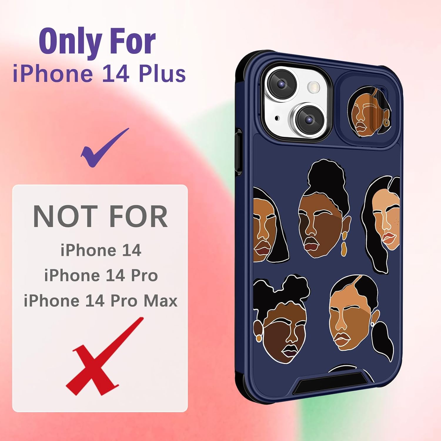 Funermei Funda para iPhone 14 Plus (2 en 1 para iPhone 14 Plus para mujer, linda funda para niñas negras, estética, arte de moda kawaii, diseño