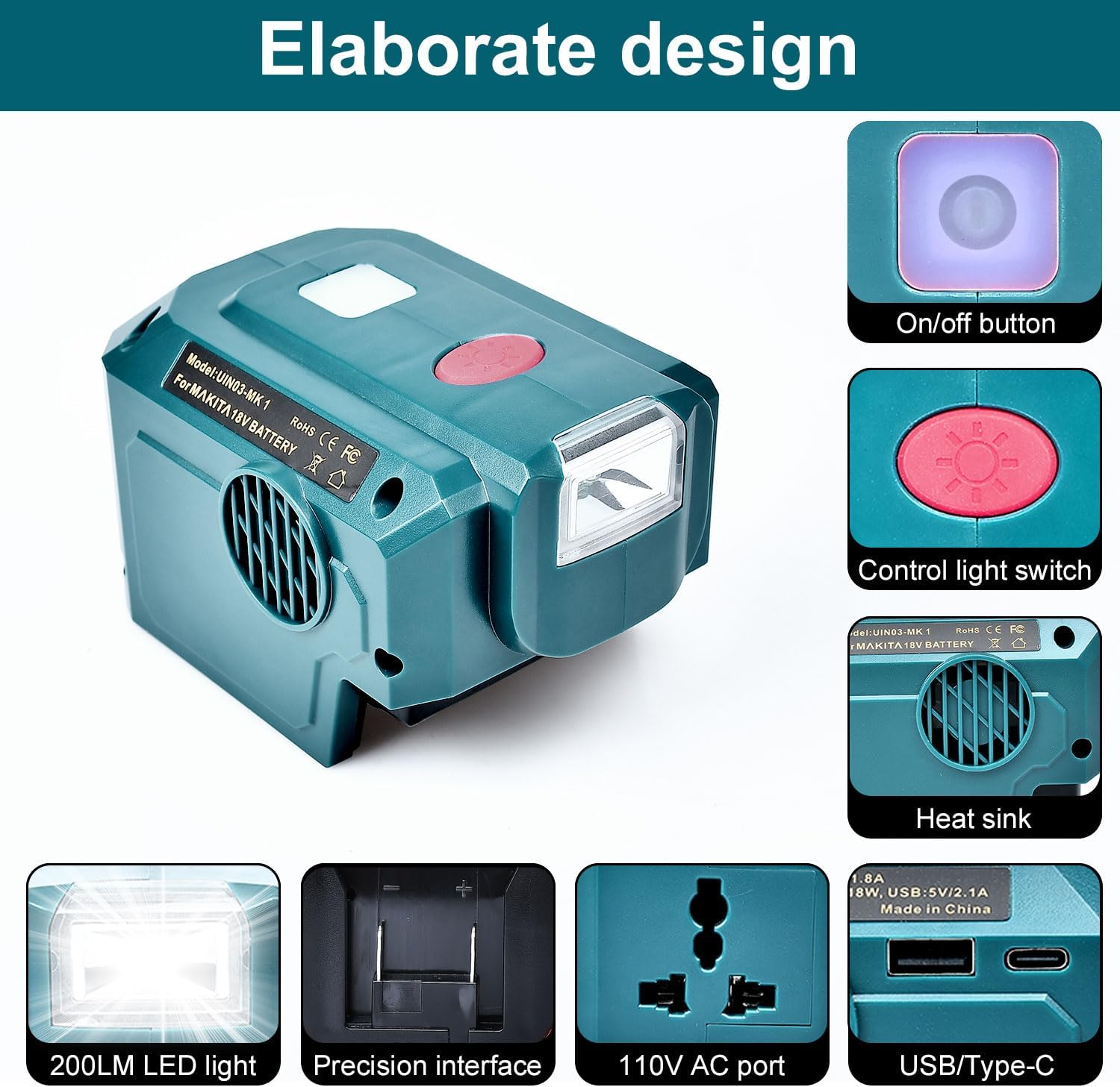 Inversor de corriente de 200 W para batería Makita de 18 V, con salida de CA y USBtipo C, luz LED de 200 lúmenes, 18 V CC a 120 V CA para