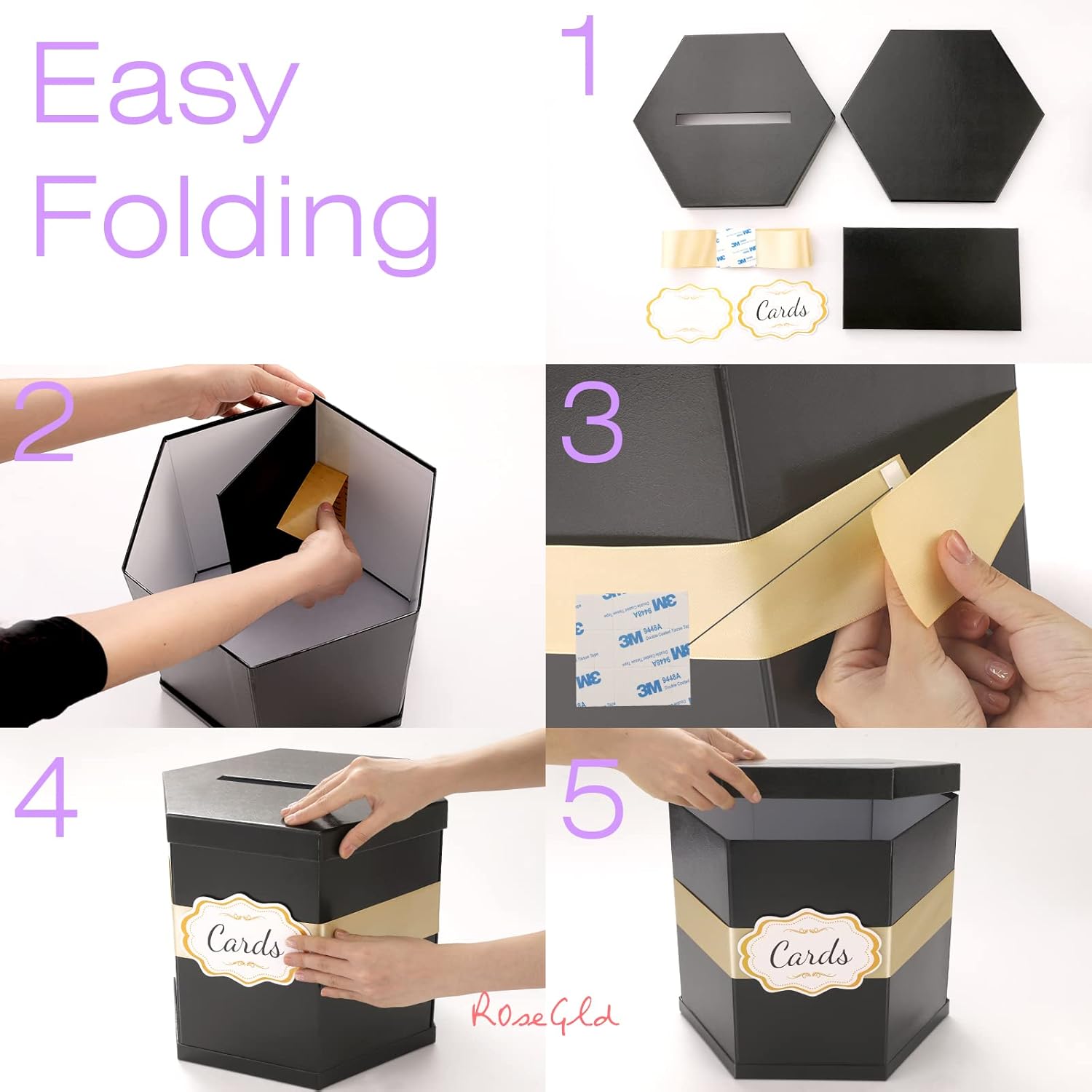 ROSEGLD Caja de tarjetas, caja de recepción de tarjetas con cinta de 14 x 12 x 12 pulgadas, elegante soporte para tarjetas para bodas, graduaciones,