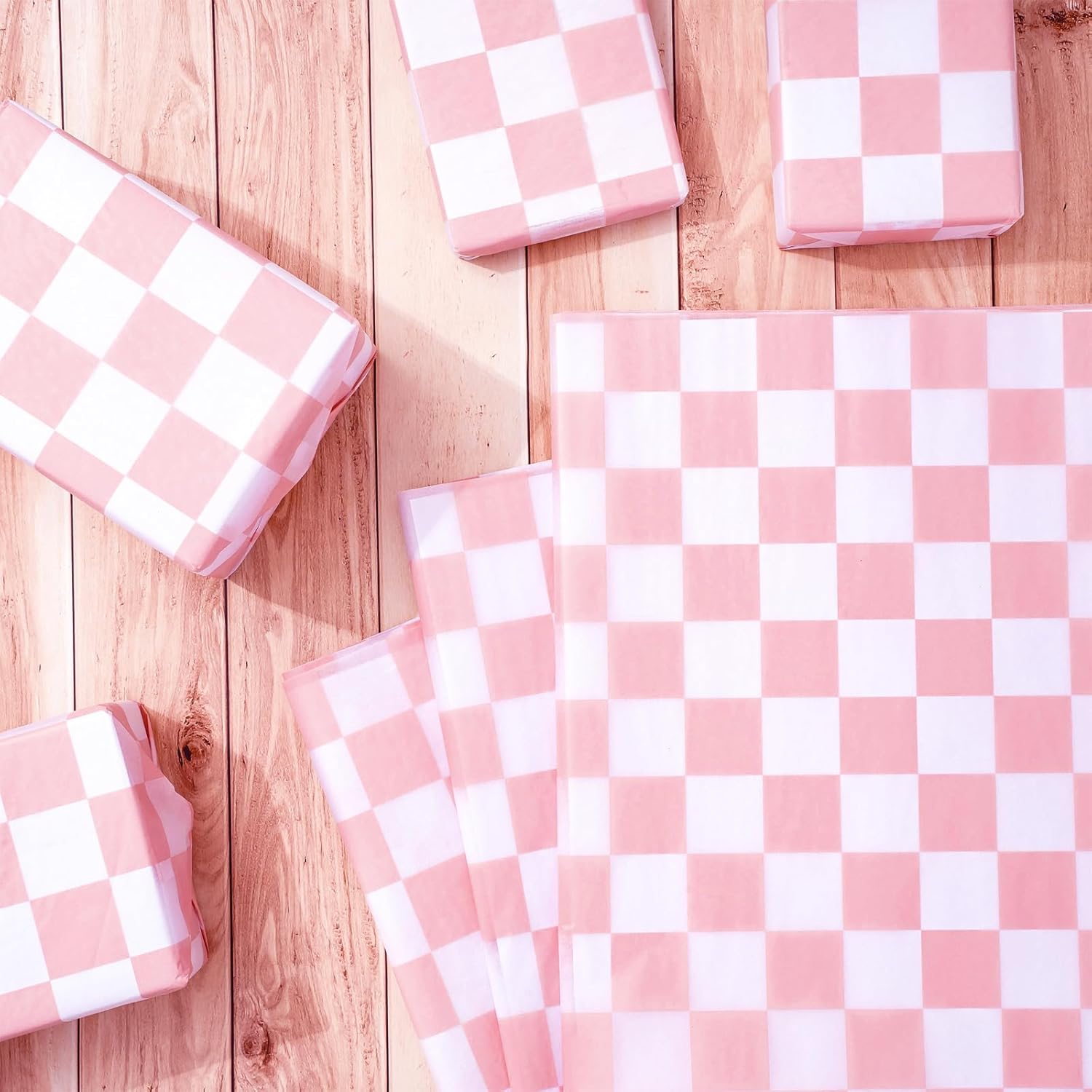 Whaline 100 piezas de papel de seda a cuadros, papel de regalo blanco y rosa, papel de embalaje, papel de manualidades para el hogar, baby shower,