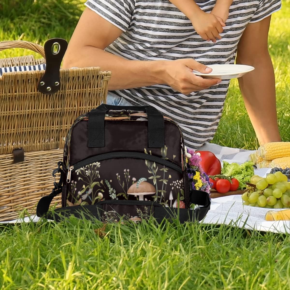 Lonchera con diseño de hongos del bosque, bolsa aisladaenfriadora para mujeres, hombres, niñas, niños, hojas de hierbas, bolsa de almuerzo con