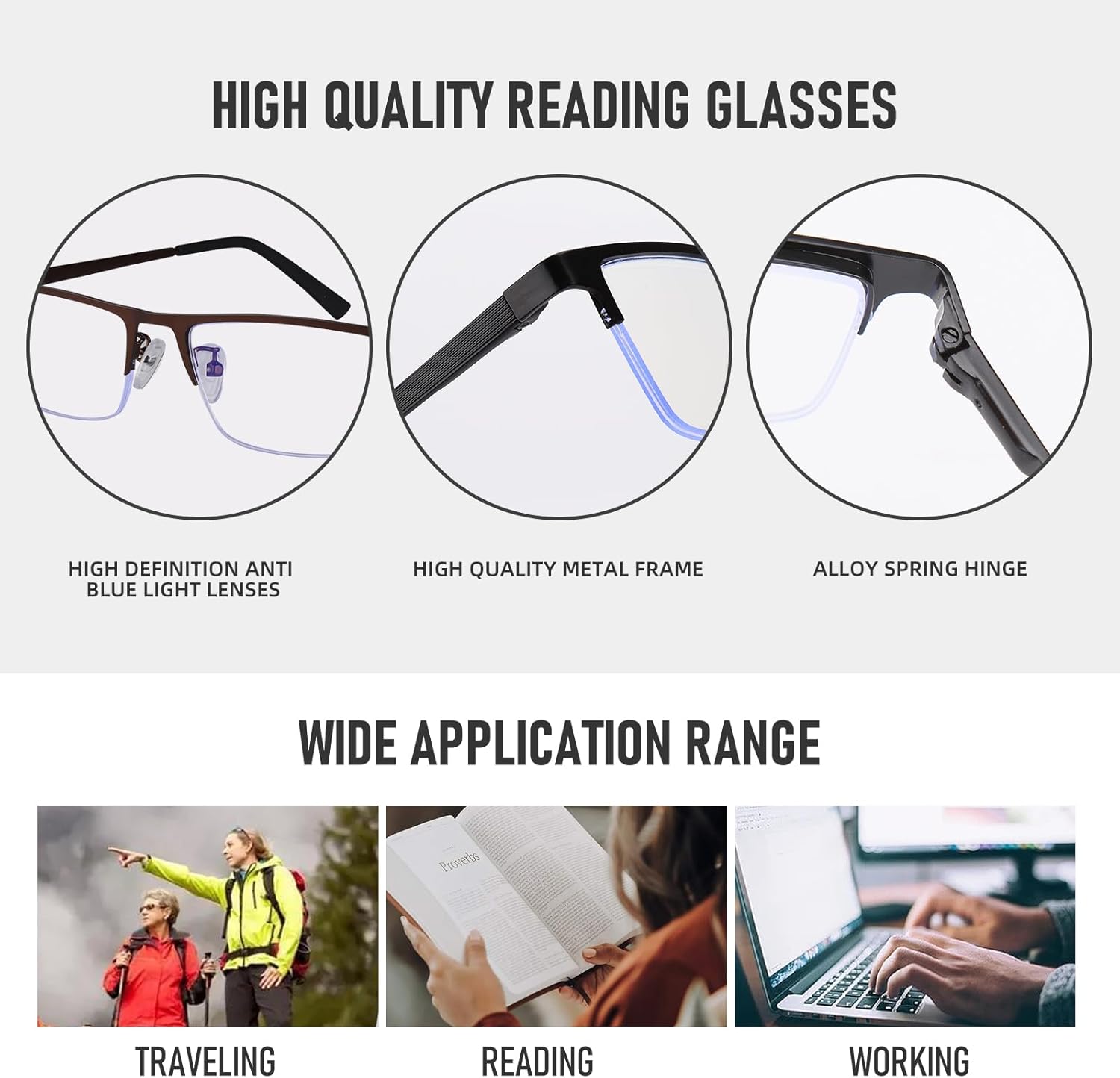 Paquete de 3 lentes de lectura para hombre, ligeros marcos de metal con bloqueo de luz azul, filtro elegante para rayos UVdeslumbramiento de