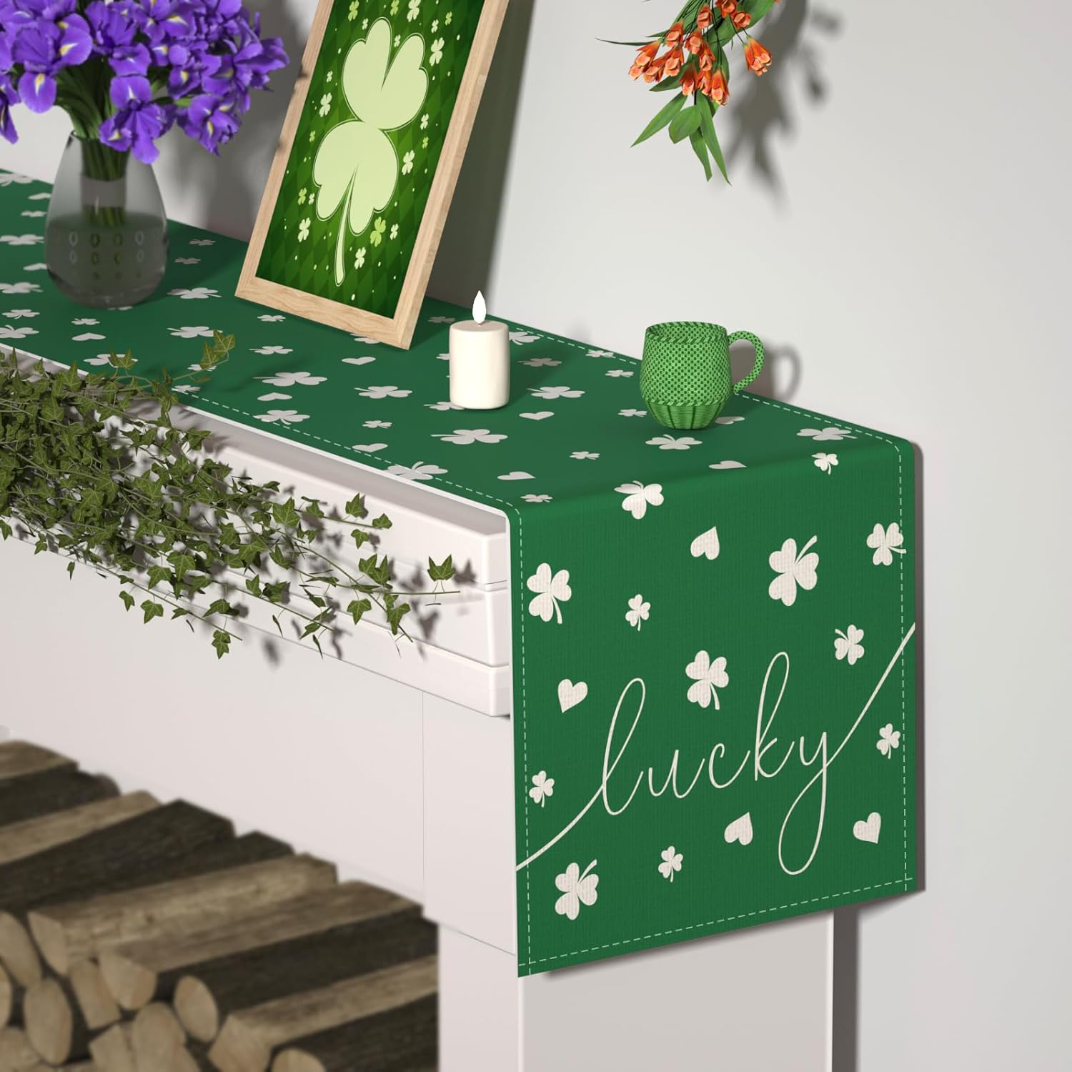 Camino de mesa del día de San Patricio, camino de mesa de trébol de la suerte verde para cocina, comedor, decoración de primavera del día de San