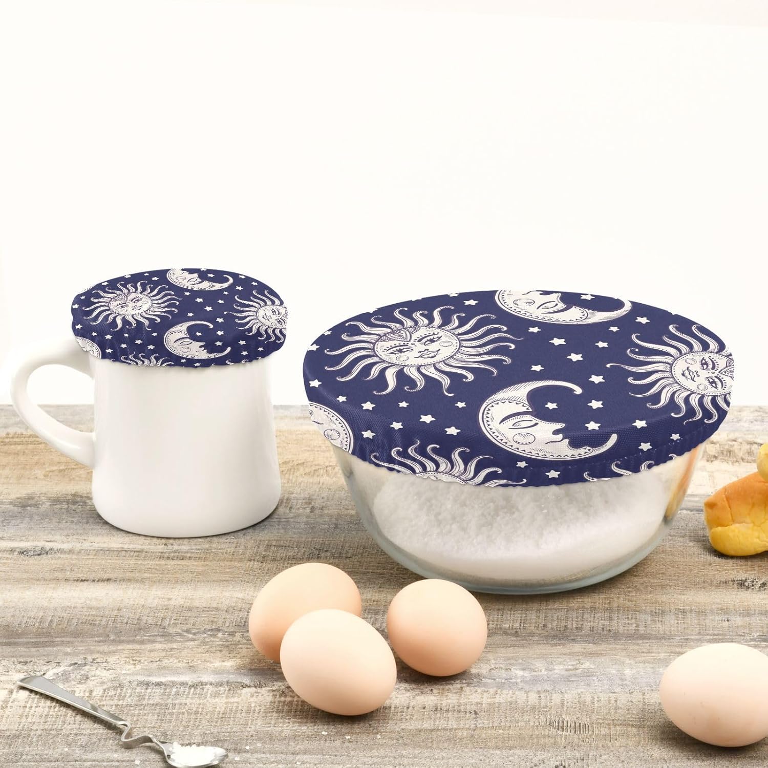 Sun Moon – 5 fundas elásticas reutilizables para cuencos para almacenamiento de alimentos, tapas de tela elástica con 5 tamaños diferentes, tapas de