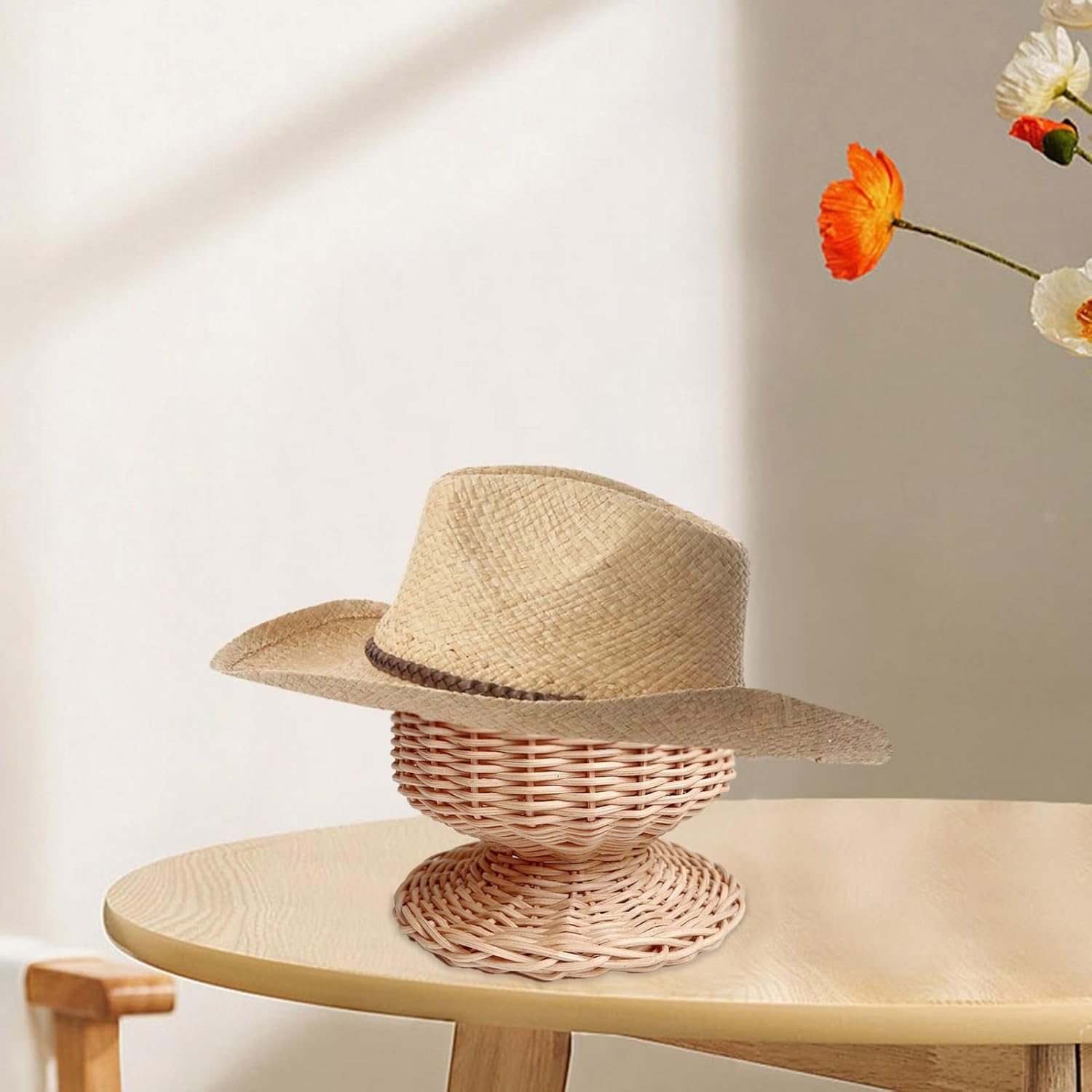 CHADWICK Soporte para cabeza de maniquí de ratán, soporte para sombreros y pelucas, escaparate de mimbre hecho a mano, estante para gorra rústica,