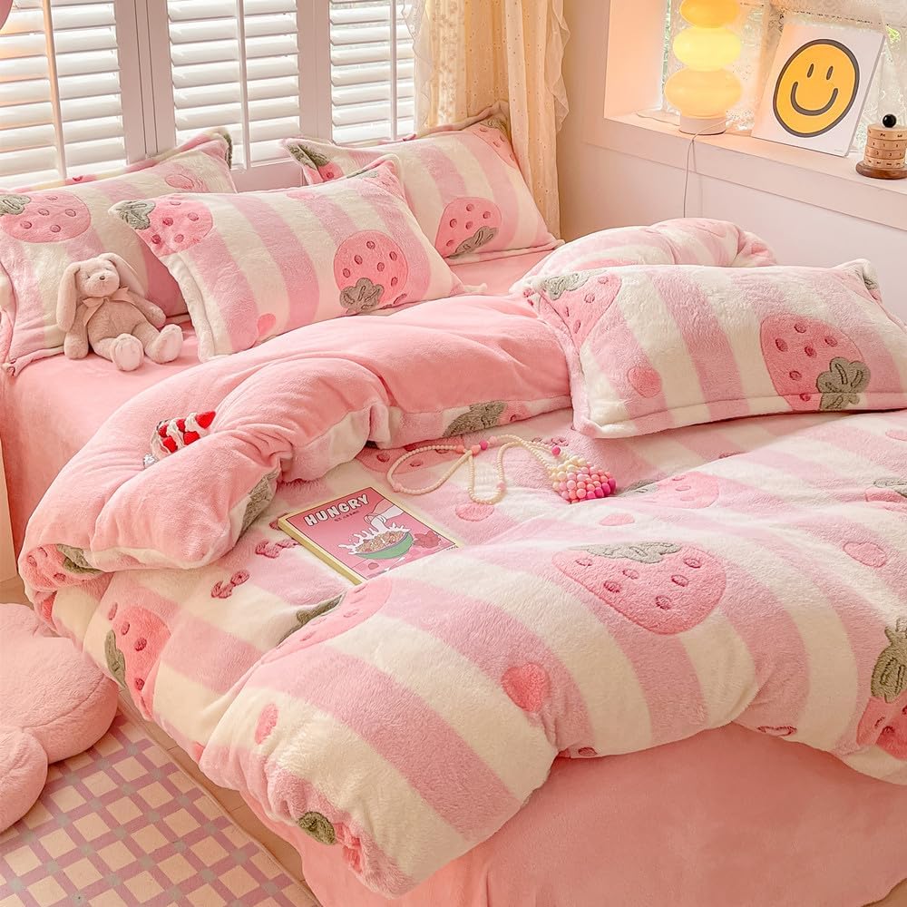 OranFran Juego de funda de edredón para niños de fresa rosa, juego de ropa de cama kawaii con copos de nieve, funda de edredón suave y reversible,