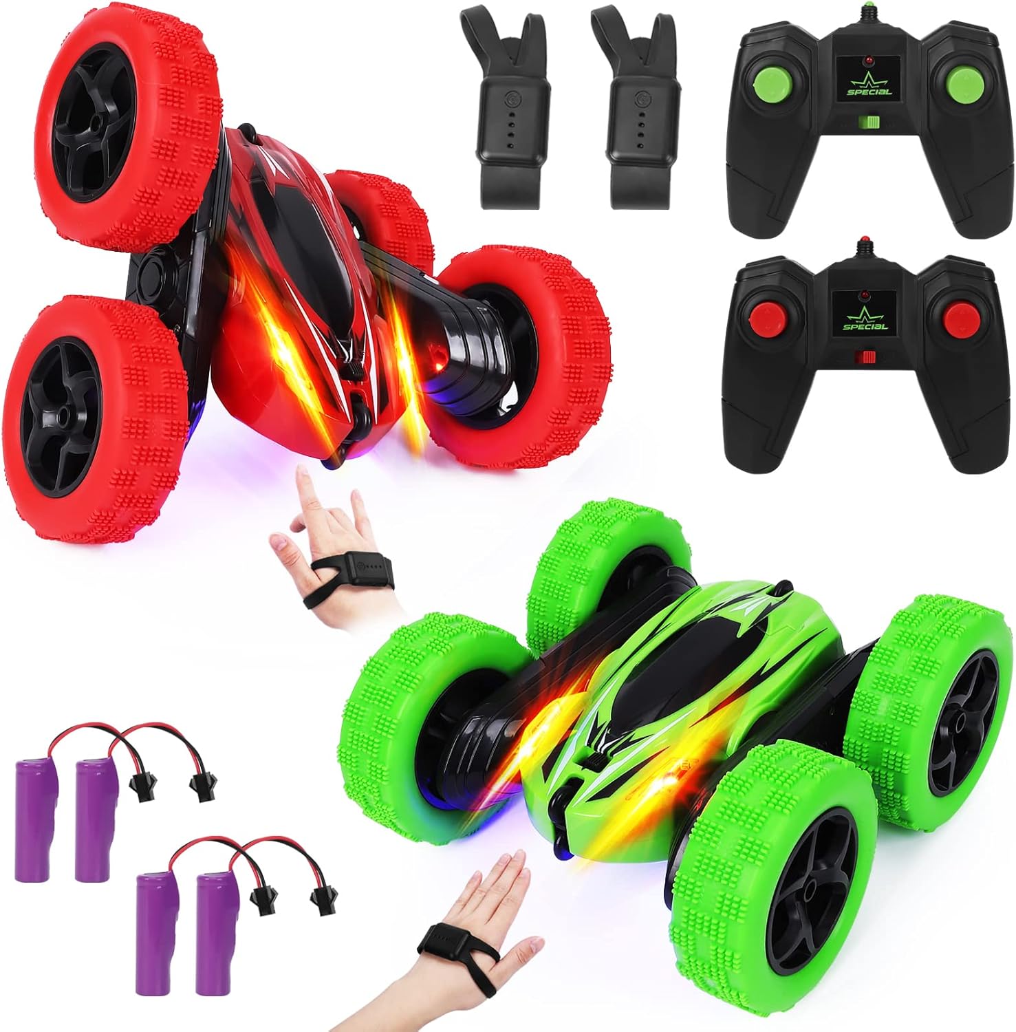Paquete de 2 relojes RC Stunt Car con sensor de gestos 4WD de doble cara giratoria de 360 grados recargable de alta velocidad 2.4GHZ Off Road Hobby