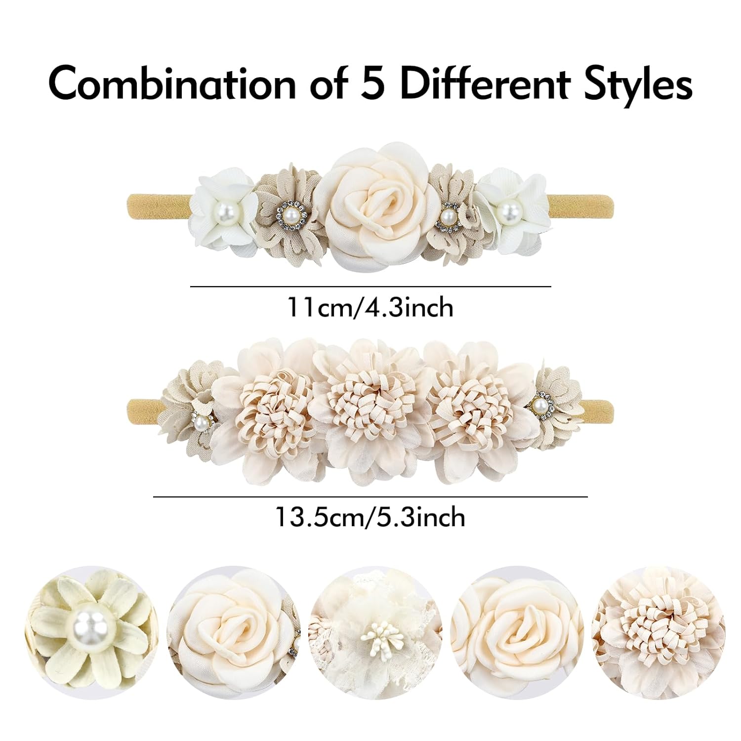 Cinaci 5 diademas de nailon súper elásticas y suaves con flores, para bautizo, tiaras florales, coronas, accesorios para el cabello para recién