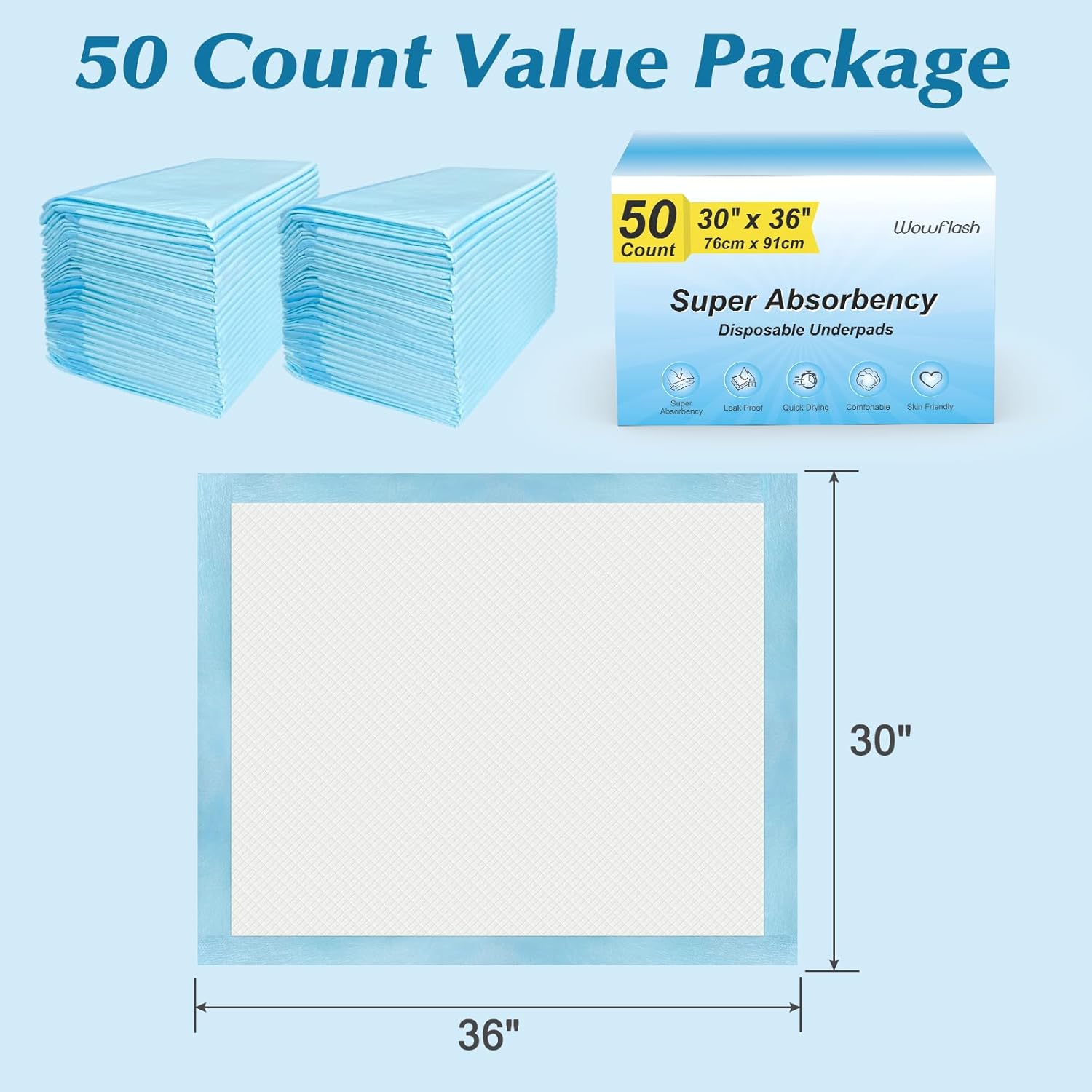 50 almohadillas desechables de 30 x 36 pulgadas, de secado rápido a prueba de fugas, almohadillas de cama desechables para adultos, almohadillas