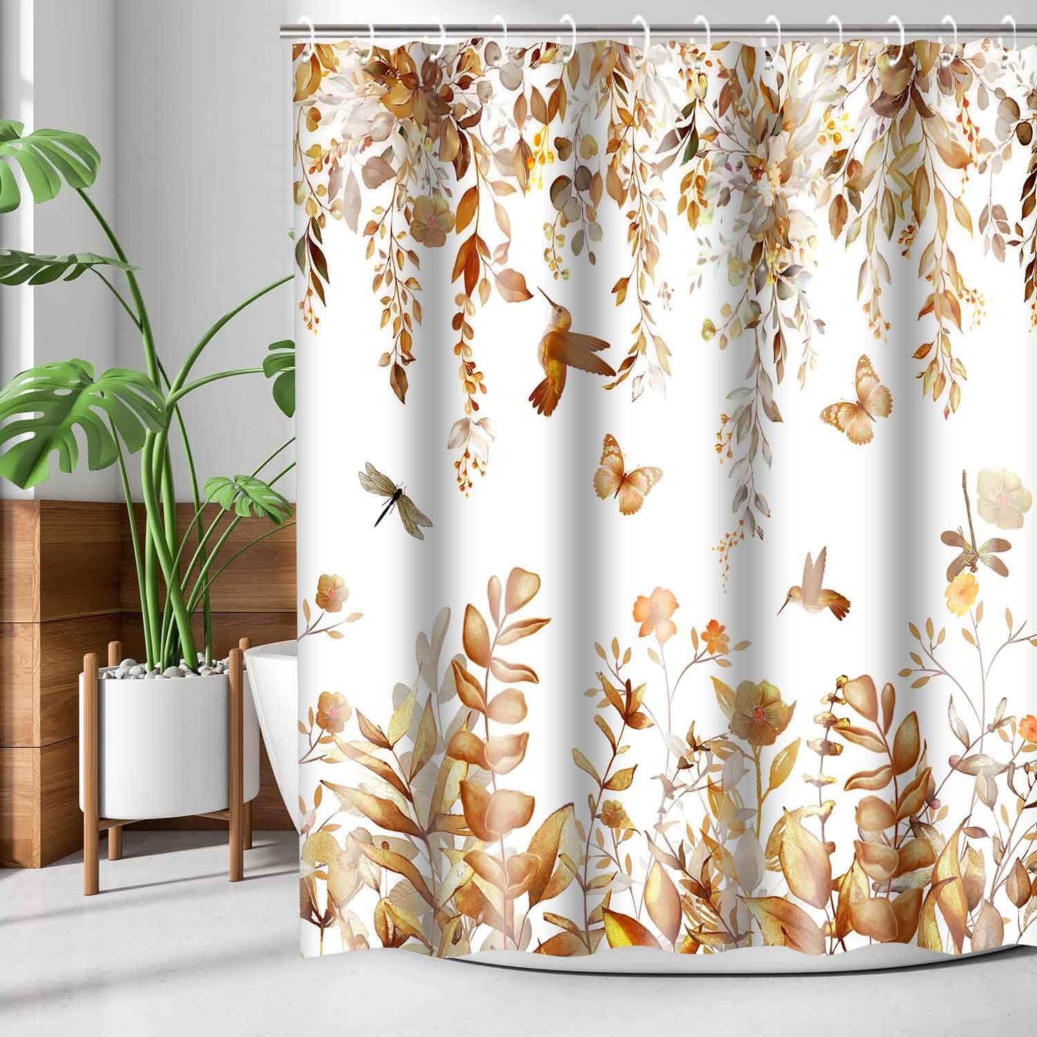 Cortina de ducha de hojas de eucalipto amarillas, acuarela floral, hojas de otoño, flores, colibrí, pájaro, mariposa, granja, juego de cortinas de