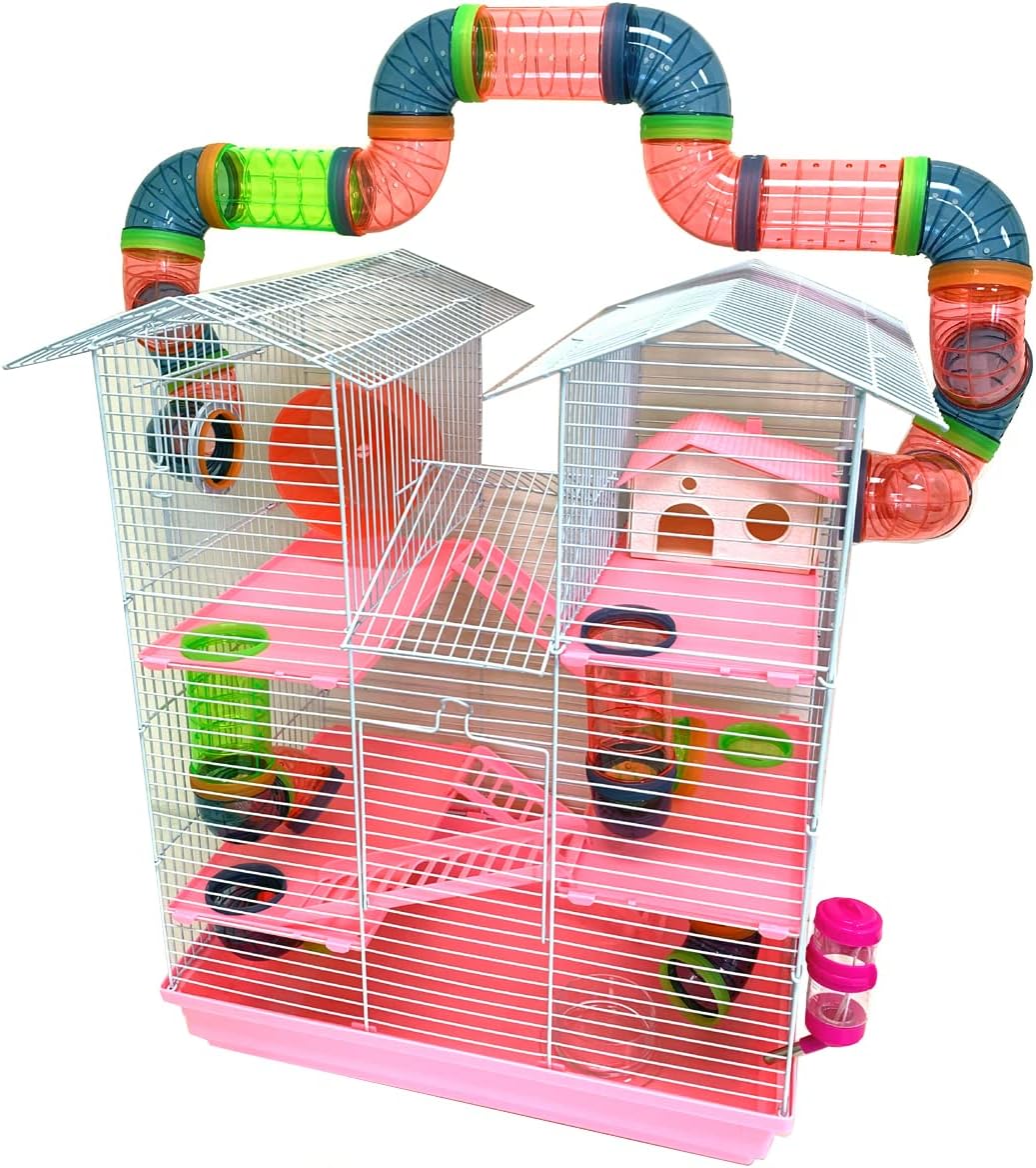 Rosa Gran Torre Gemela Habitat Hámster Mansion Roedor Gerbos Ratones Ratón Pequeño Animal Casa Jaula con tubo de cruce superior túnel extensible y