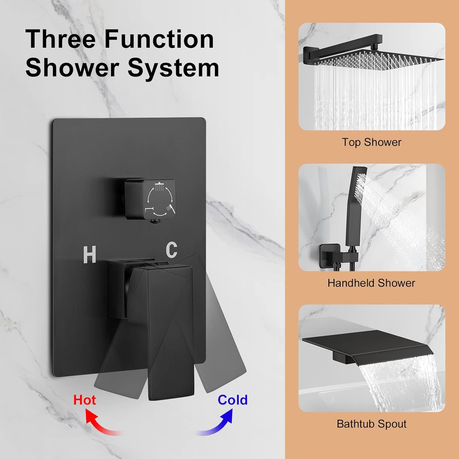 Sistema de ducha de 12 pulgadas con boquilla de bañera, juego de grifo de ducha de bañera negro mate de 3 funciones, cabezal de ducha de lluvia de