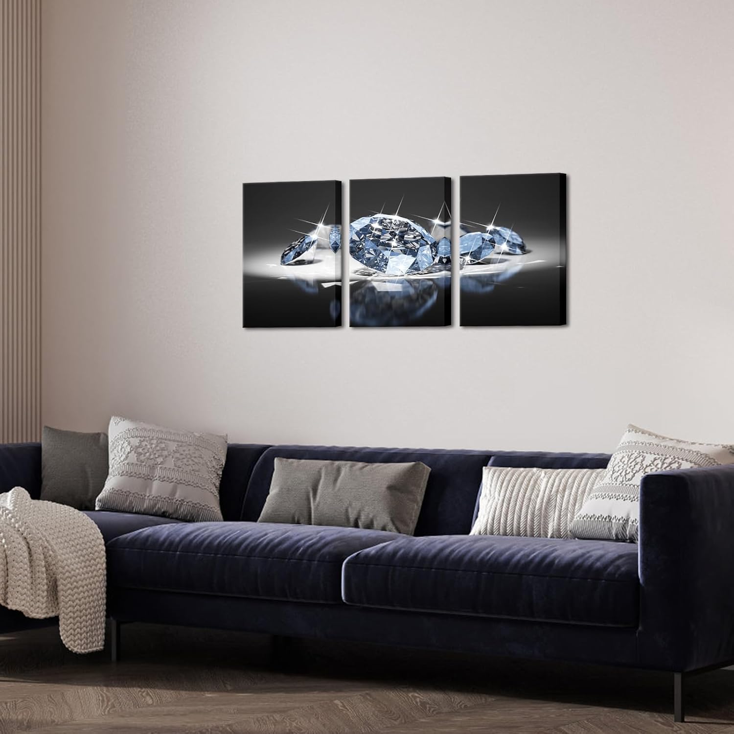 Biuteawal Arte de pared blanco y negro de 3 paneles, diamantes de lujo sobre fondo negro, impresión sobre lienzo, pintura de moda, decoración del
