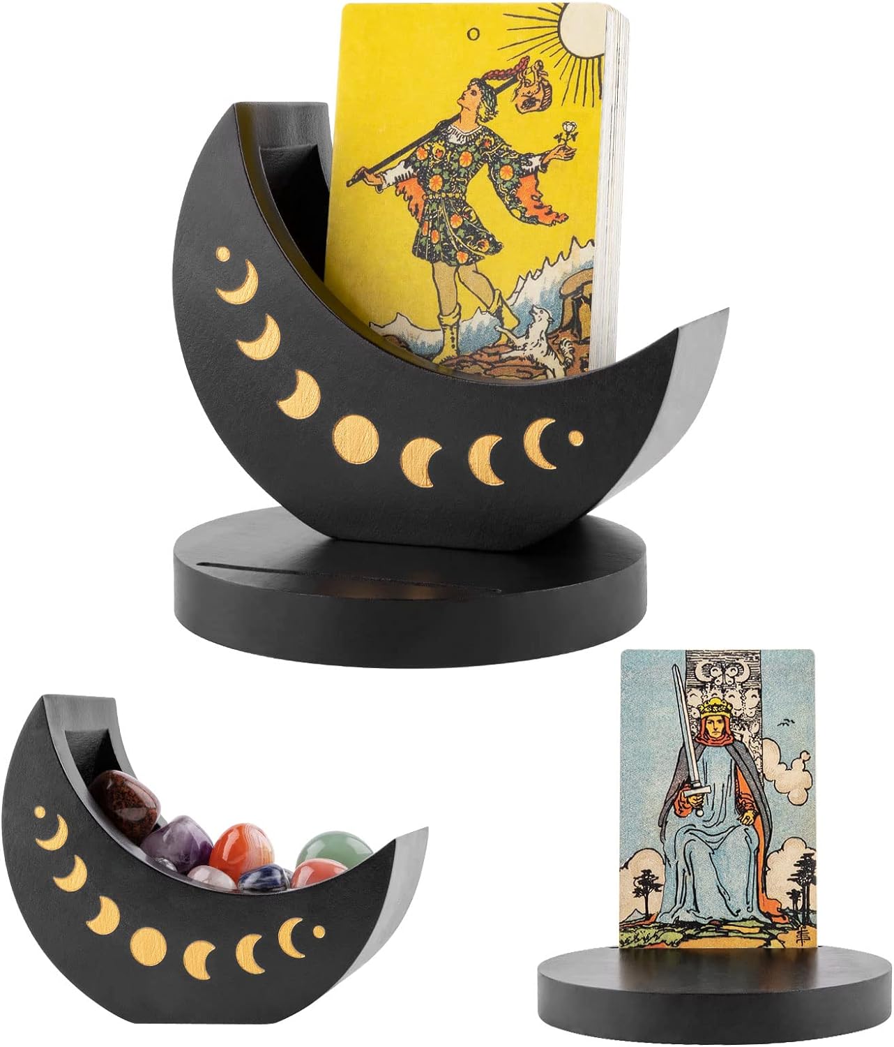 Ceiner Caja de exhibición de tarot con soporte para tarjetas, estuche de madera con soporte de fase lunar para almacenamiento de piedra de cristal,