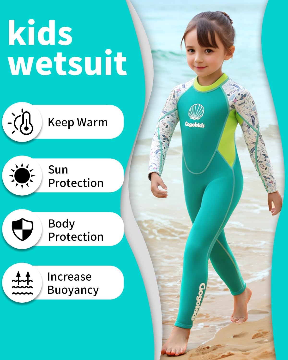 Gogokids Traje de neopreno para niños, para jóvenes, de 0.18 pulgadas, térmicos, de manga larga, con cremallera trasera, protección solar para