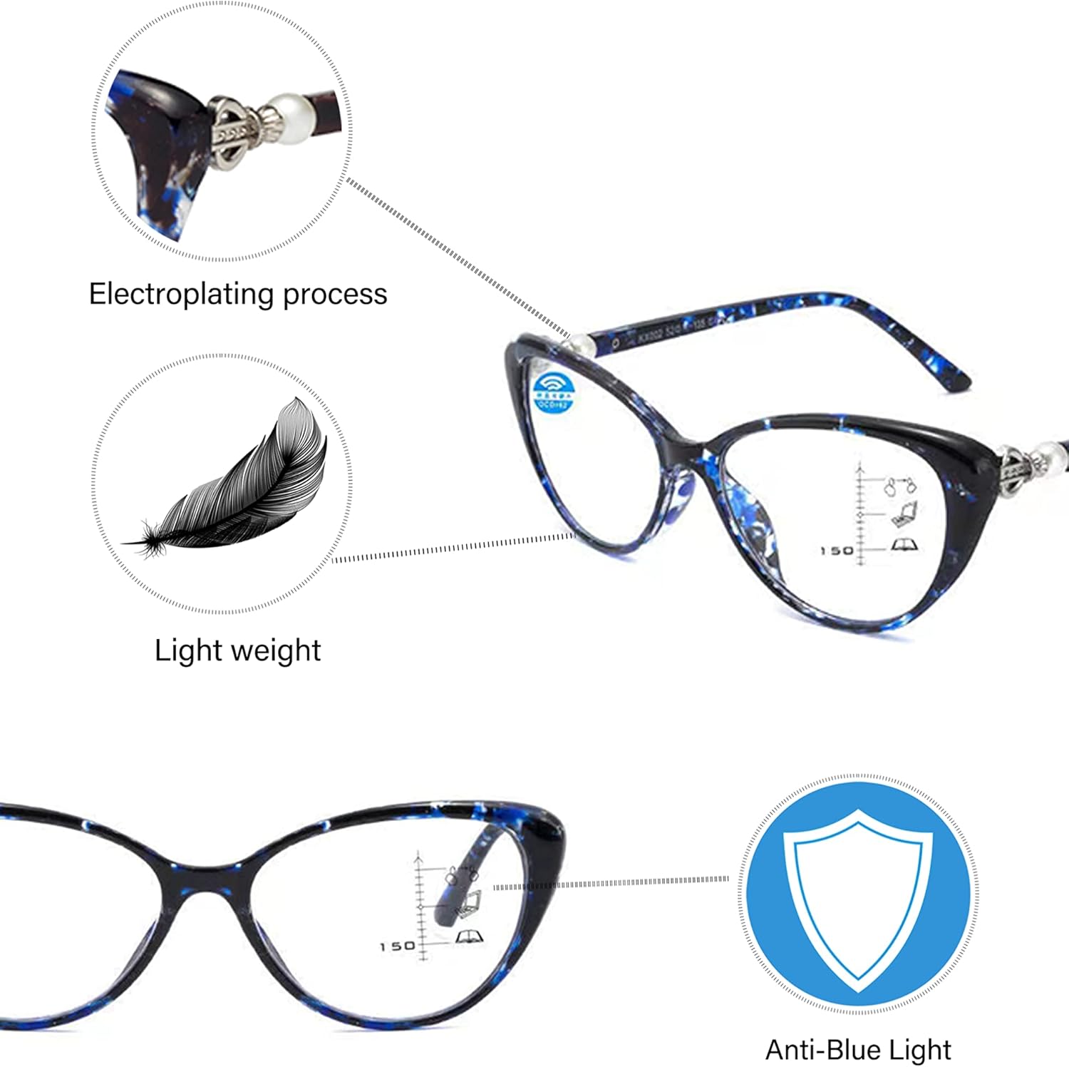 YIJIA-YOUNG Gafas de lectura multifocales progresivas ojo de gato para mujer con bloqueo de luz azul lectores con bisagra de perla 3251002
