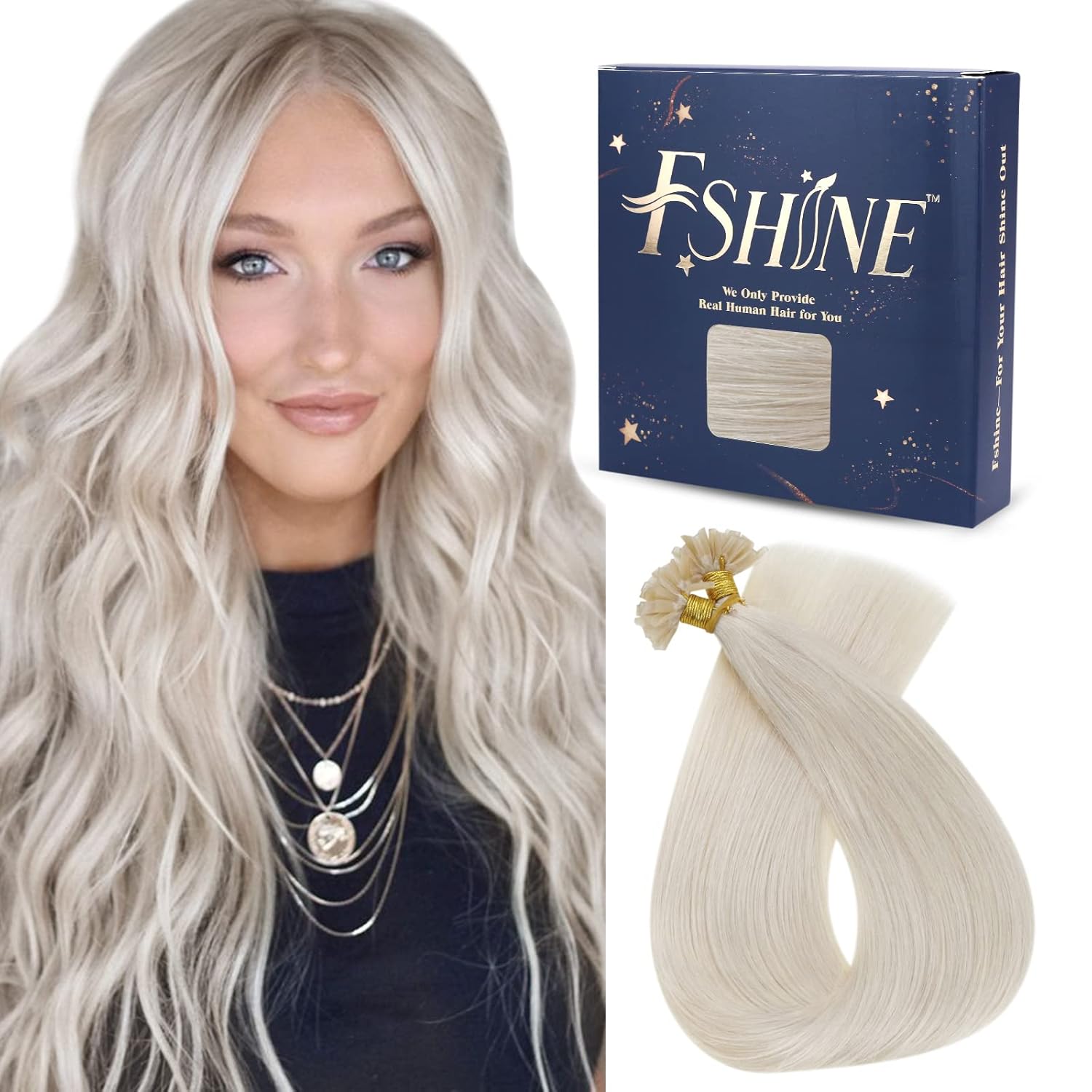 Fshine U Tip – Extensiones de cabello humano rubio blanco con punta K rubia, 1.41 oz50s, 14 pulgadas, extensiones de cabello preunido, extensiones