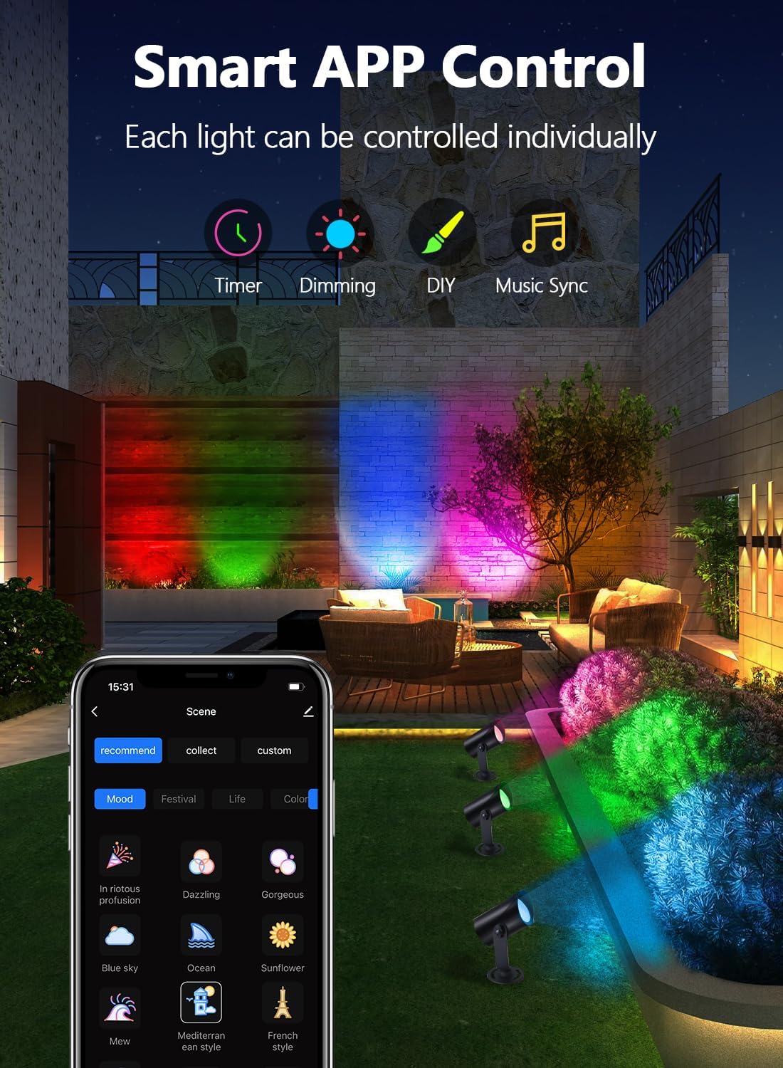 APPECK Iluminación inteligente de paisaje, focos de paisaje impermeables IP67, 3000LM regulables RGBICW luces de camino funcionan con Alexa, luces