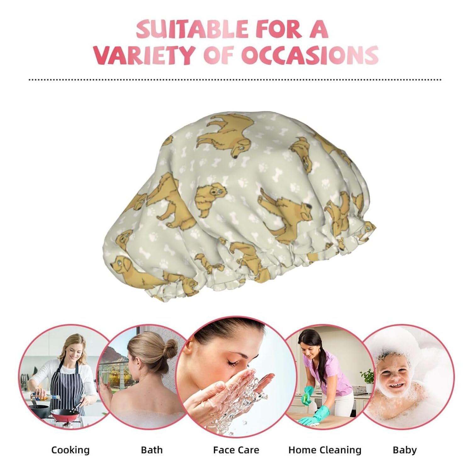 Golden Retriever Dogs Pattern Shower Caps Reusable Bath Cap Double Layers Waterproof Shower Cap for Women Long Hair
