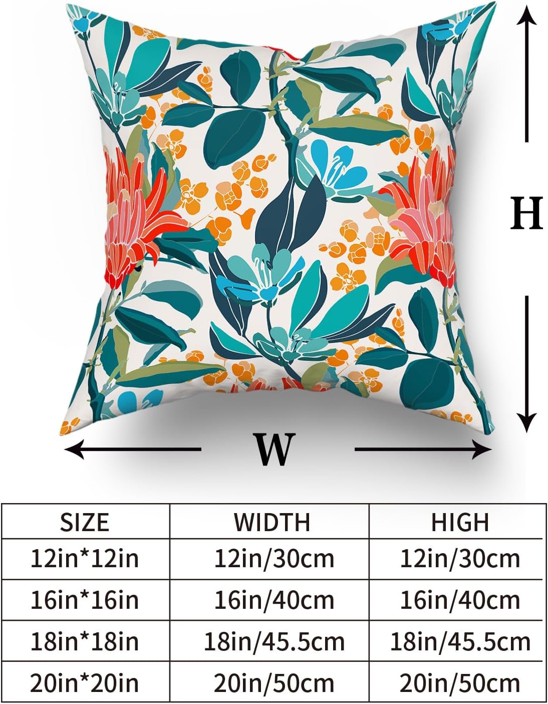 Juego de 2 fundas de almohada de 16 x 16 pulgadas con diseño floral de coral verde turquesa, hojas y flores naranjas, fundas de cojín de algodón