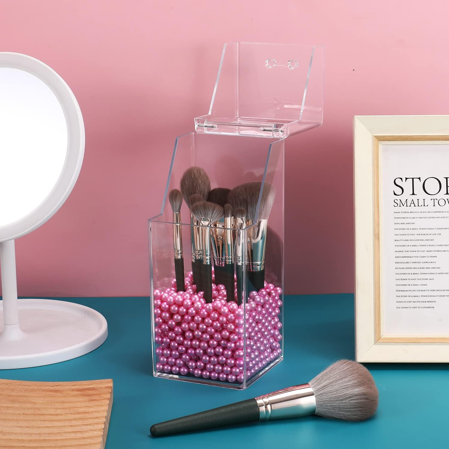 Sooyee Soporte para brochas de maquillaje, organizador de brochas de maquillaje con perlas rosas de 0.315 in, soporte para brochas de maquillaje a