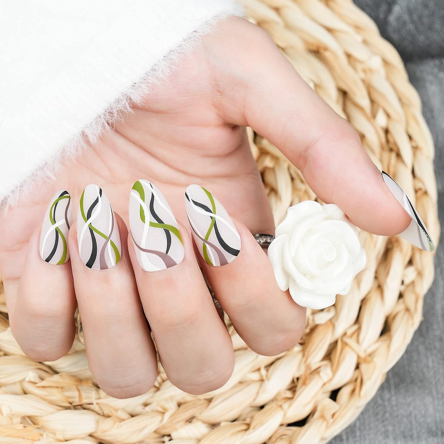 Uñas postizas a presión de almendra, medianas con diseños, uñas acrílicas, uñas postizas naturales y reutilizables con pegamento, uñas adhesivas